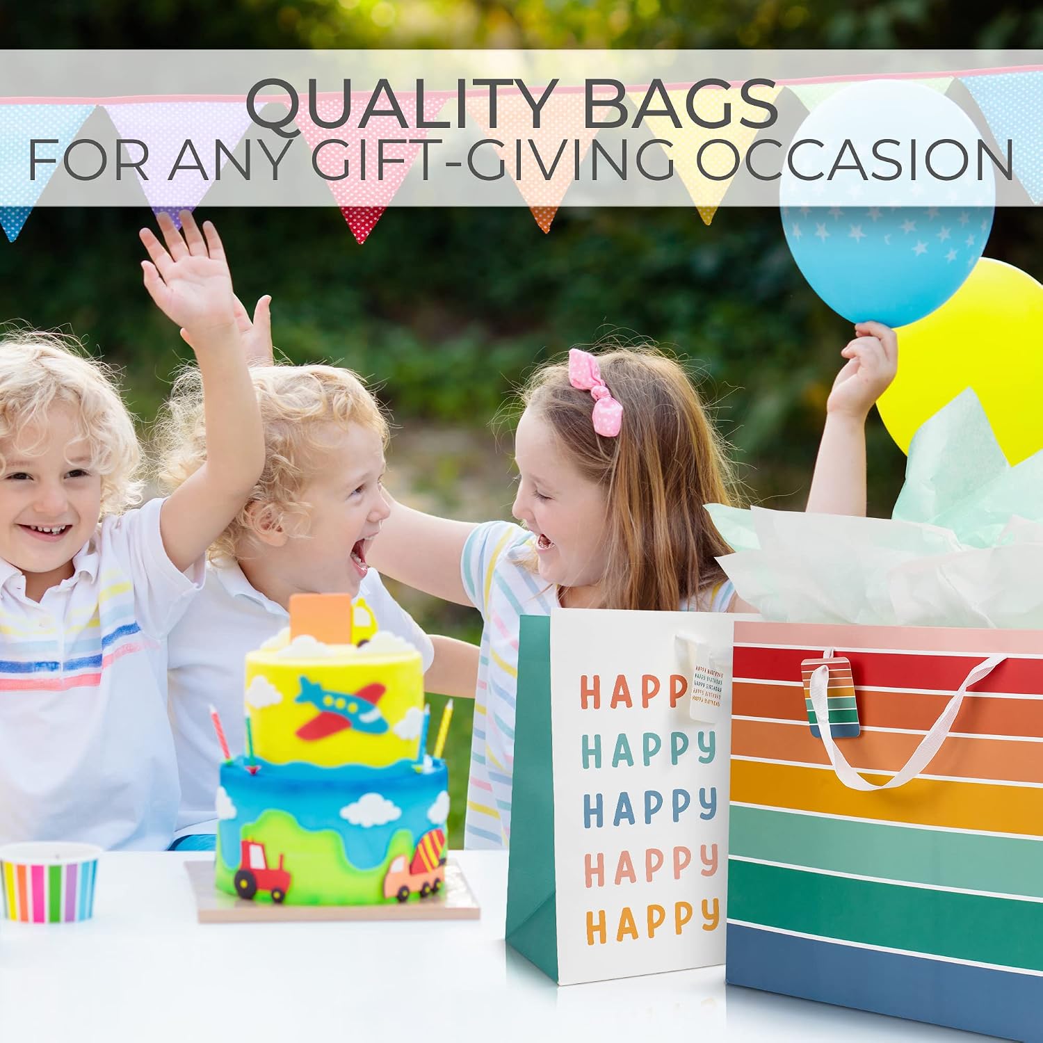Beautiful Birthday Gift Bags Set of 2 - Large 16" Bags with Handles incl. Matching Tissue Paper, Cards & Stickers - Reusable & For Presents of Any Birthday, Weddings, Mothers Day & Other Occasions