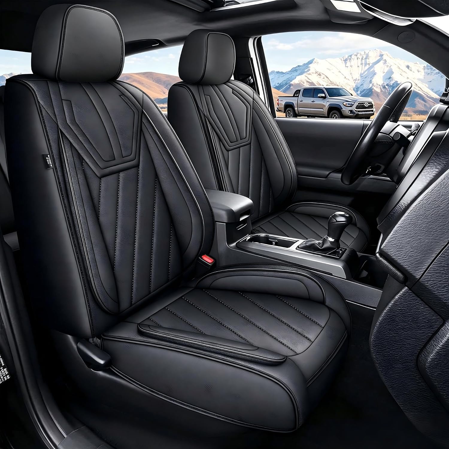 4th Gen Tacoma Front Seat Covers, Custom Faux Leather Fit 2024-2026 Toyota Tacoma Double/XtraCab SR SR5 TRD PreRunner Sport Off-Road, Airbag Compatible Front Pair Seat Protector, Black
