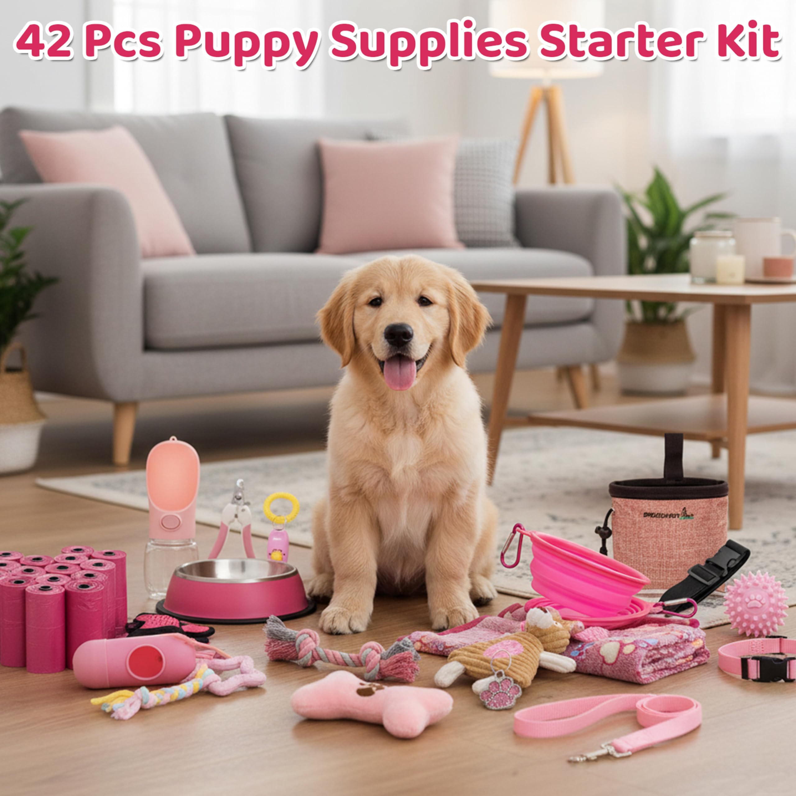 FLYSTAR Kit de iniciación de suministros para cachorros: 42 piezas esenciales para cachorros, incluye juguetes chirriantes para perros, collar, correa, bolsa de golosinas, bolsa de residuos de