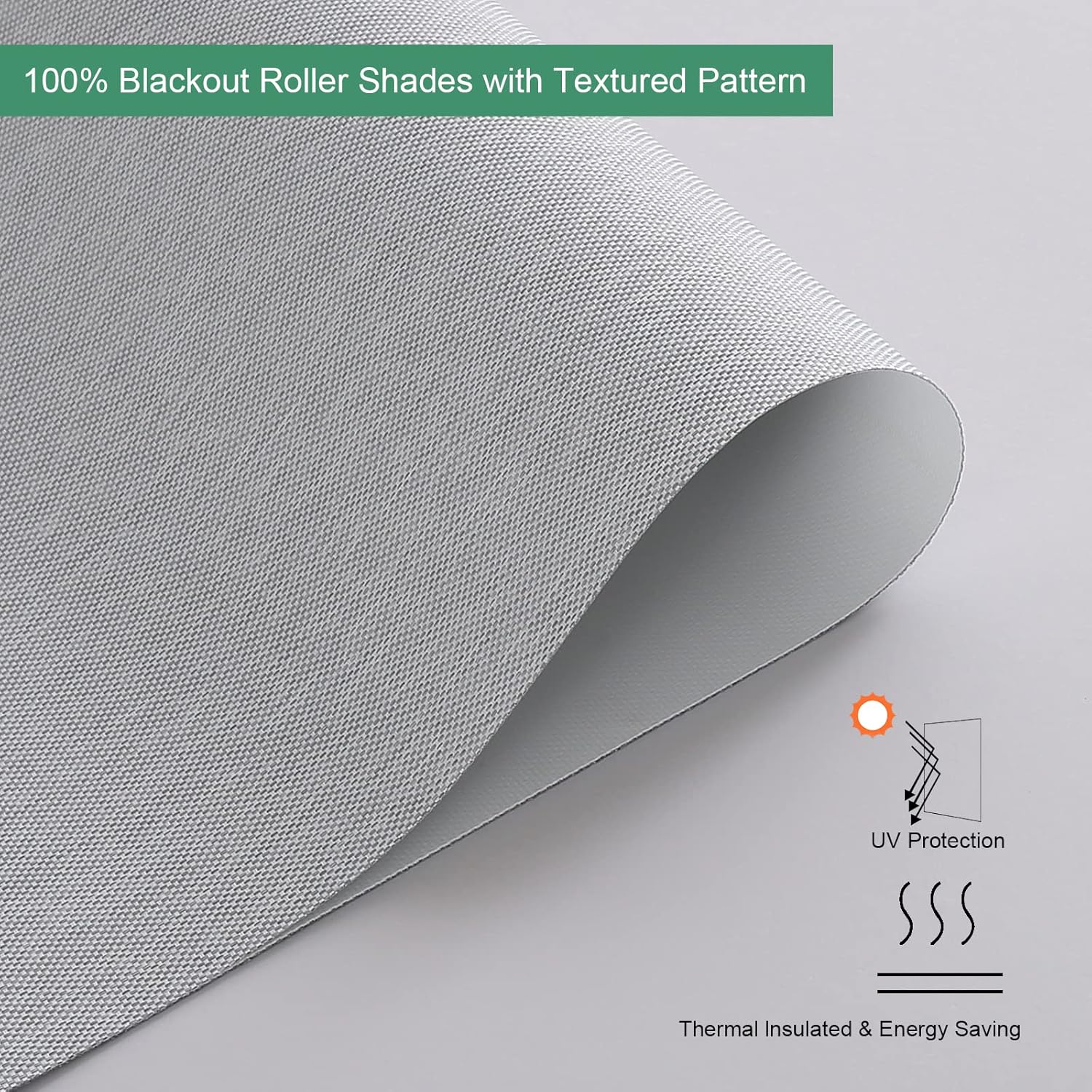 Custom Size 100% Blackout Roller Shades Cordless Window Blinds with Textured Pattern Thermal Insulation Roller Window Shades for Window Easy to Install Light Grey Cord/Cordless/Motorized