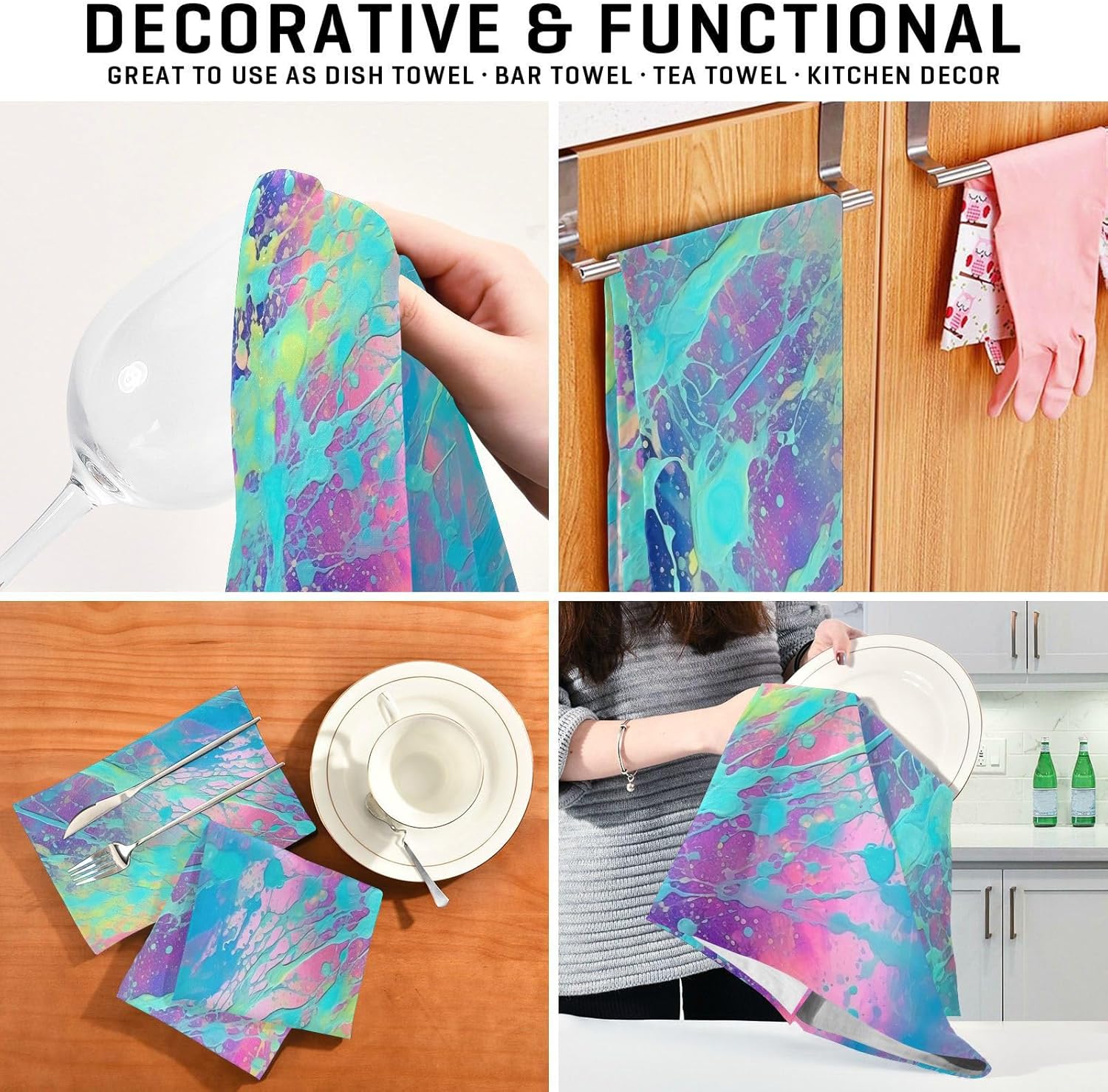 YETTASBIN Iridescent Kitchen Dish Towel 4 Pack, Soft Absorbent Dishcloths Reusable Hand Towel Washable Tea Towels for Home Kitchen Bar Table Decor, 28 x 18 Inch
