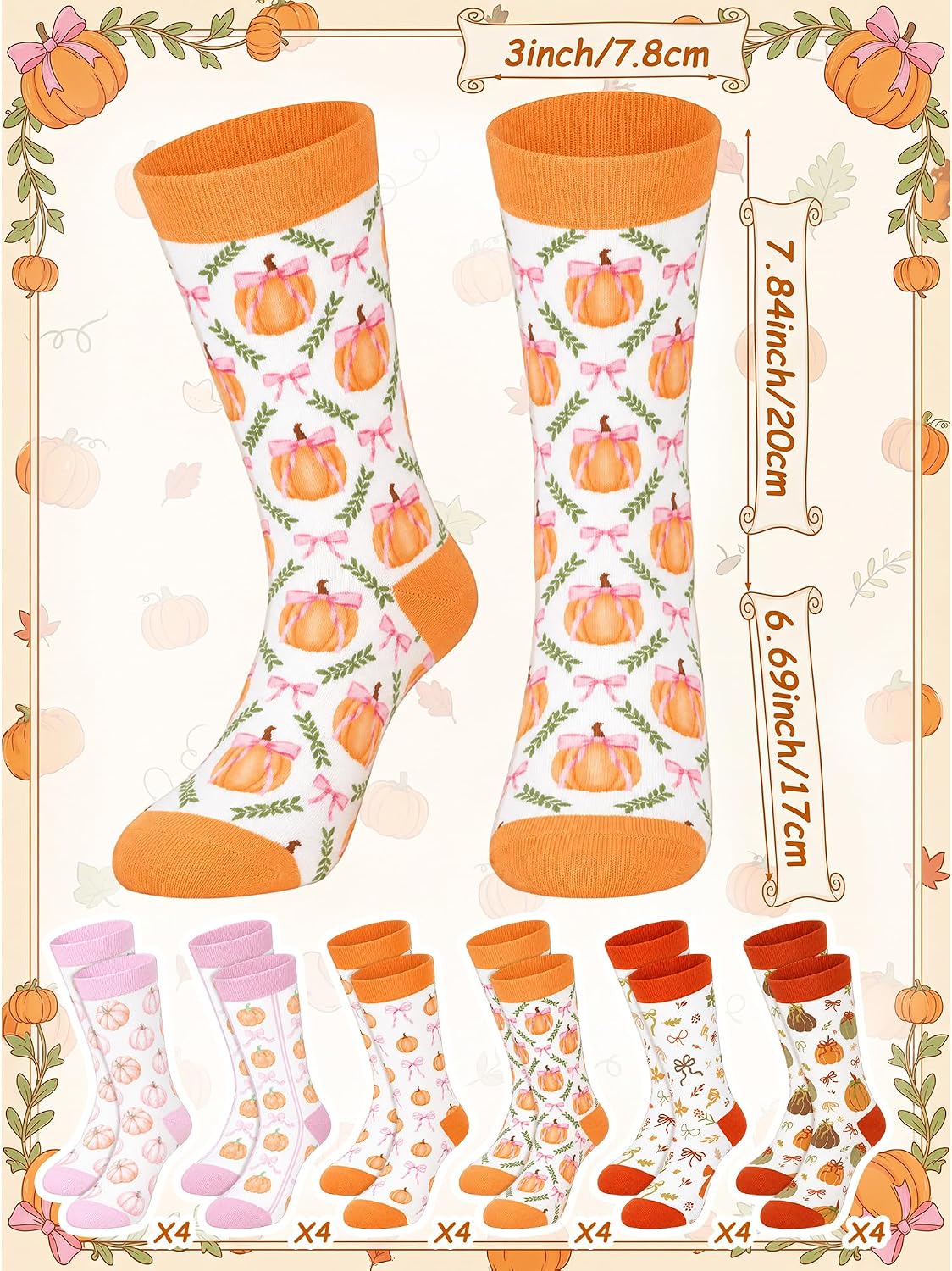 Xtinmee 24 Pairs Coquette Fall Socks Gift Bulk for Women Pink Bow Pumpkins Socks Fall Autumn Thanksgiving Party Favors Thanksgiving Basket Stuffers