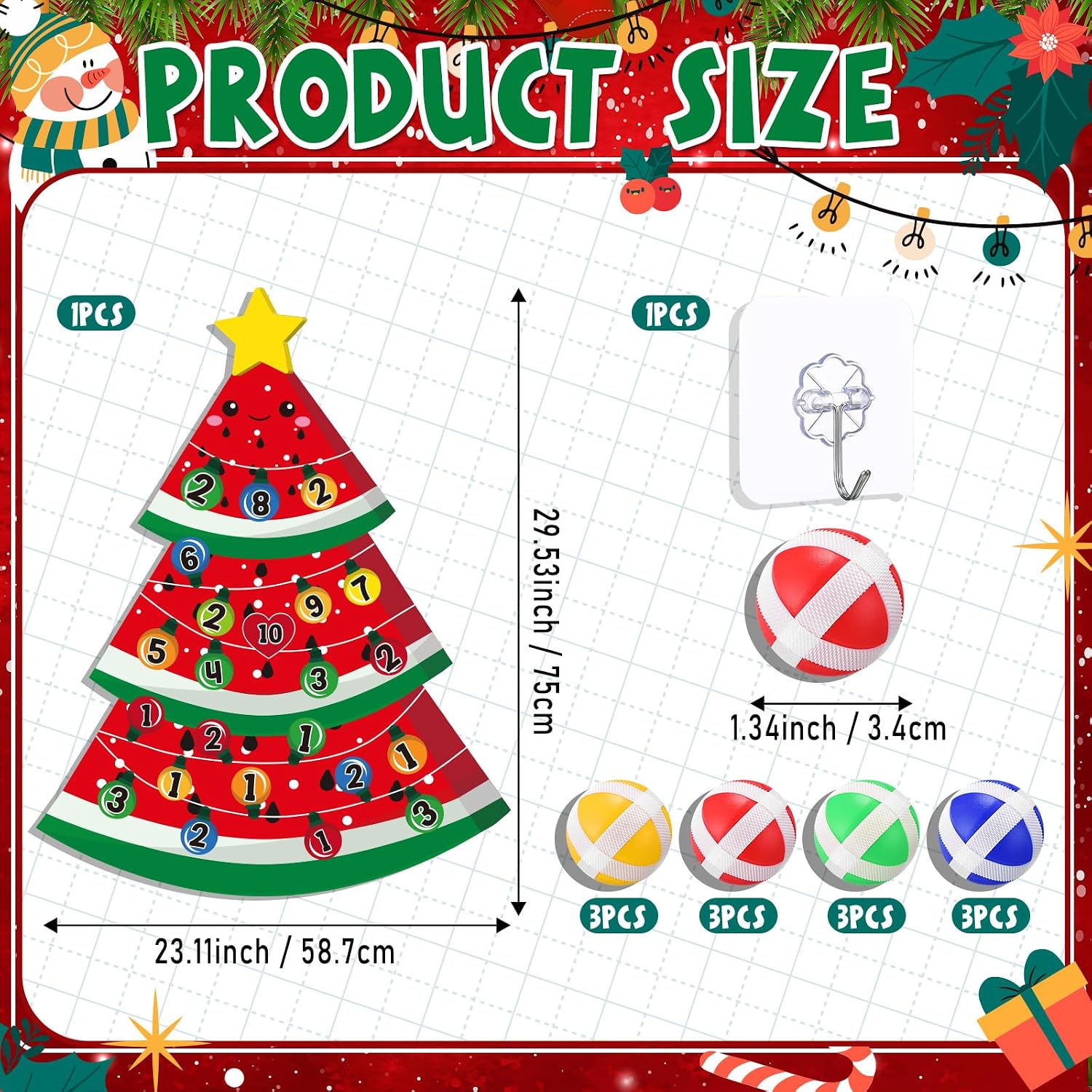 Soulchen Christmas in July Decorations Summer Dart Board Game Set with Large Watermelon Dart Board 12 Pcs Sticky Balls Christmas in July Gifts Hawaiian Party Games
