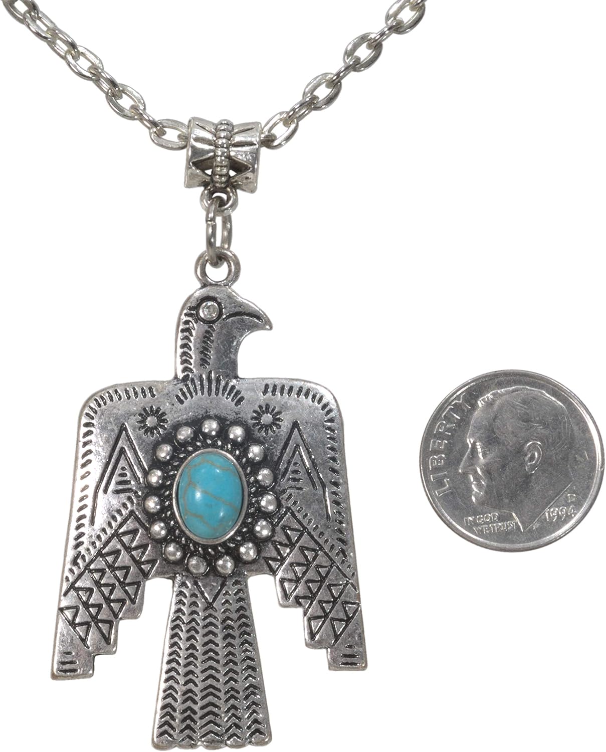 Pendant, Antique Silver Plated 2.5" Southwestern Thunderbird with Turquoise Magnesite Pendant +CHAIN + GIFT BAG