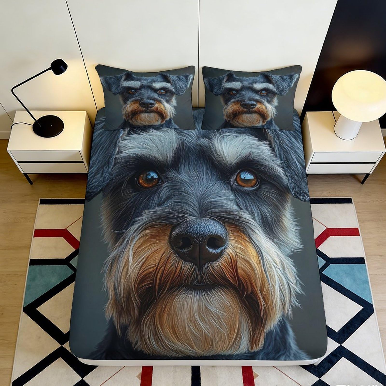 3D Printed Schnauzer Dog Fitted Sheet Microfiber Non-slip Mattress Cover for Bedroom Guestroom Dorm, Machine Washable, Grey Animal Bed Decor 160x200x25cm