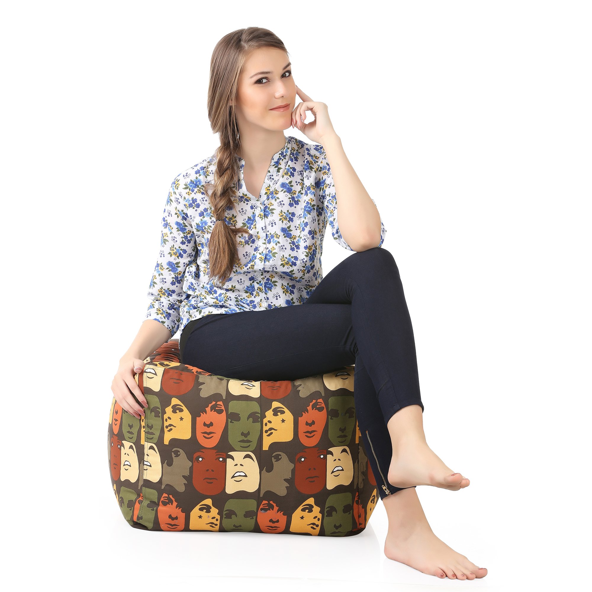 Style Homez Square Ottoman, Cotton Canvas Abstract Printed Bean Bag Stool Large Size Cover Only, Multi Color 3