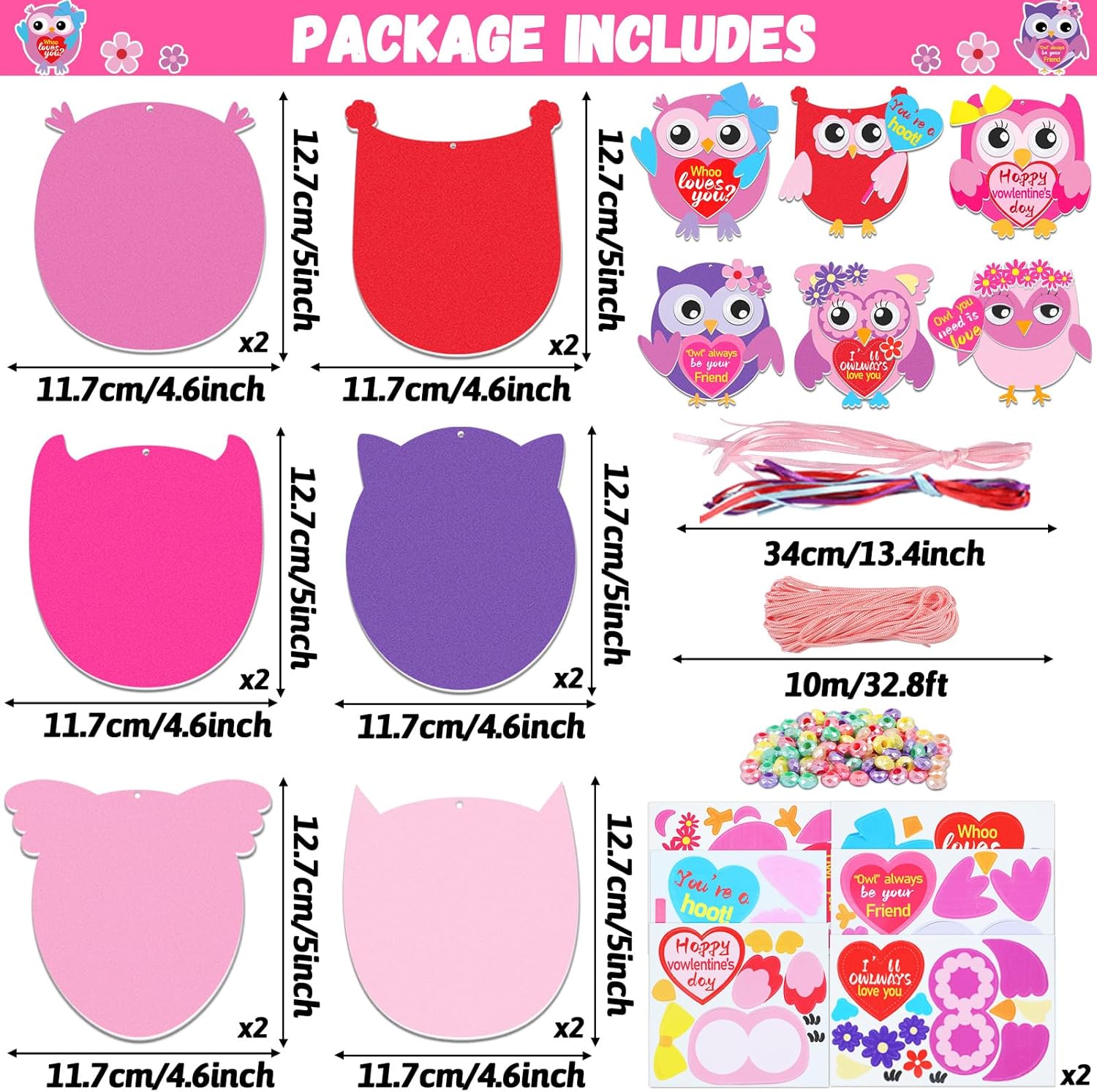 401pcs Valentine's Day Foam Owl Crafts Kit DIY Ornaments Necklaces Kits for Kids,Owl Heart Stickers Valentines Decoration Art Sets Valentines Classroom Activities-No Googly Eyes,Make 12 Sets