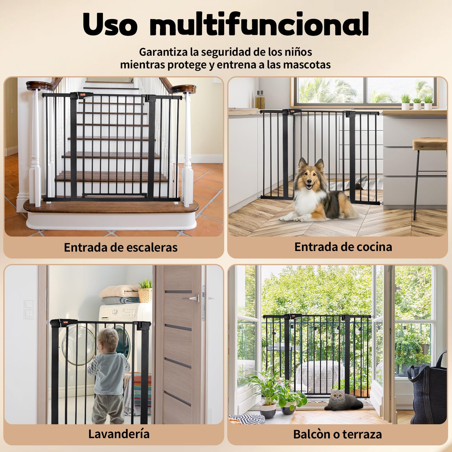 LAOYE Puerta de seguridad de 92cm altura sin taladrar, barrera para puertas 75–124cm con 3 extensiones, barrera para bebés y mascotas con cierre automático parada a 90°, para niños, perros gatos–Negro