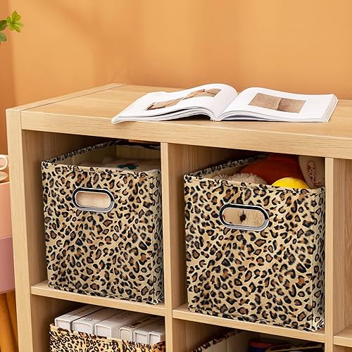Miniatura 2 de ANMINY 2 cubos de almacenamiento de tela de terciopelo con estampado de leopardo y guepardo para estantes, canastas de almacenamiento plegables y