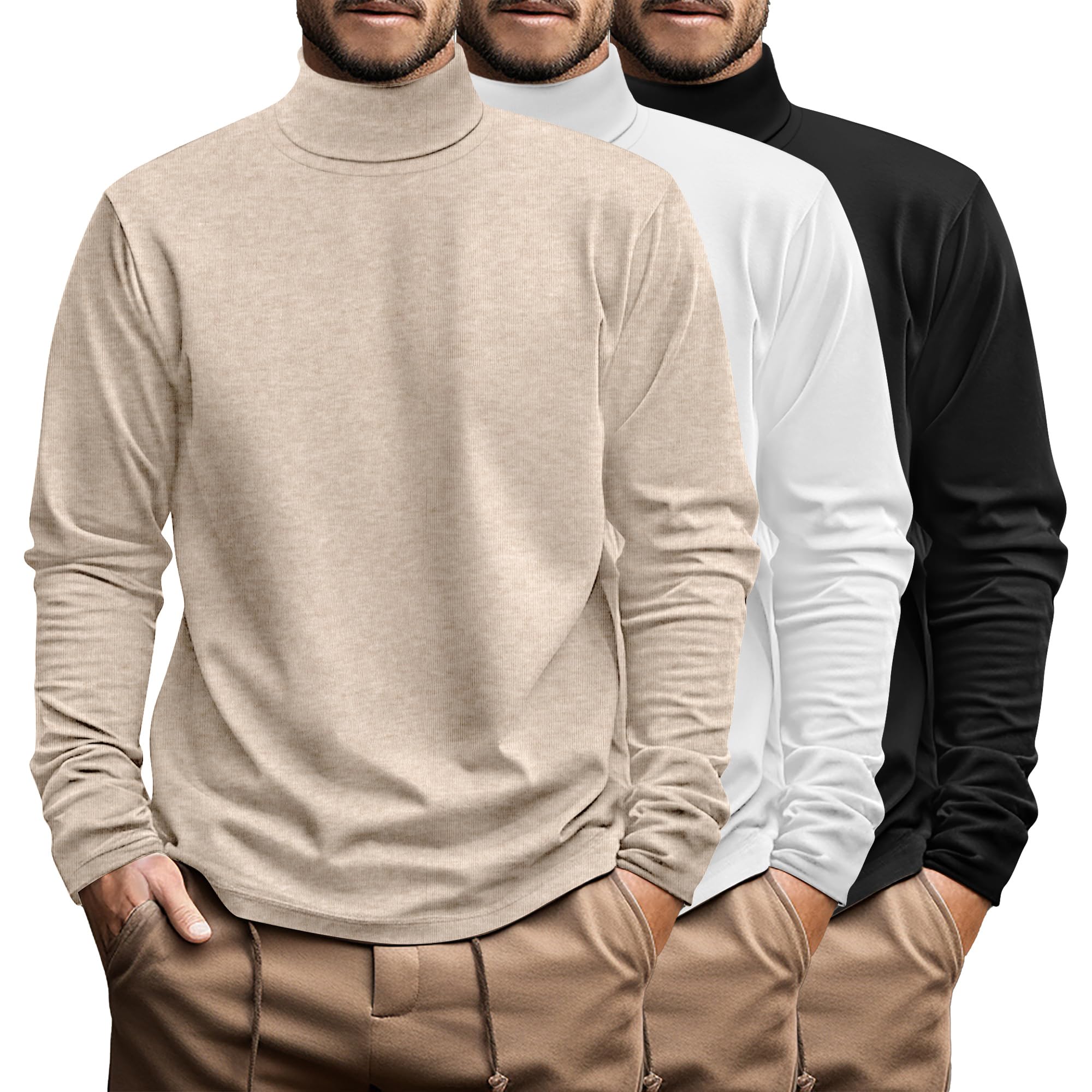 Ficerd Confezione da 3 Magliette a Collo Alto da Uomo Taglie Forti, Magliette a Maniche Lunghe in Cotone, Maglietta Ampia