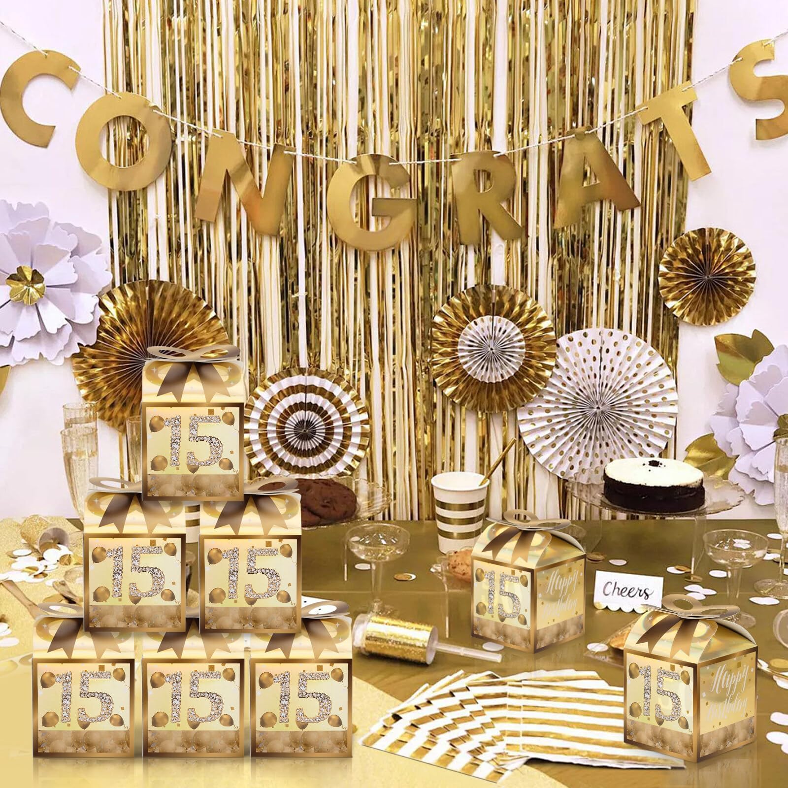 50 cajas de cumpleaños número 15: bolsas doradas para quinceañera dulce de fiesta | Cartón, diseño dorado, dulces y golosinas, mesas de postre, fiestas de quinceañera, recuerdos de invitados, fácil montaje