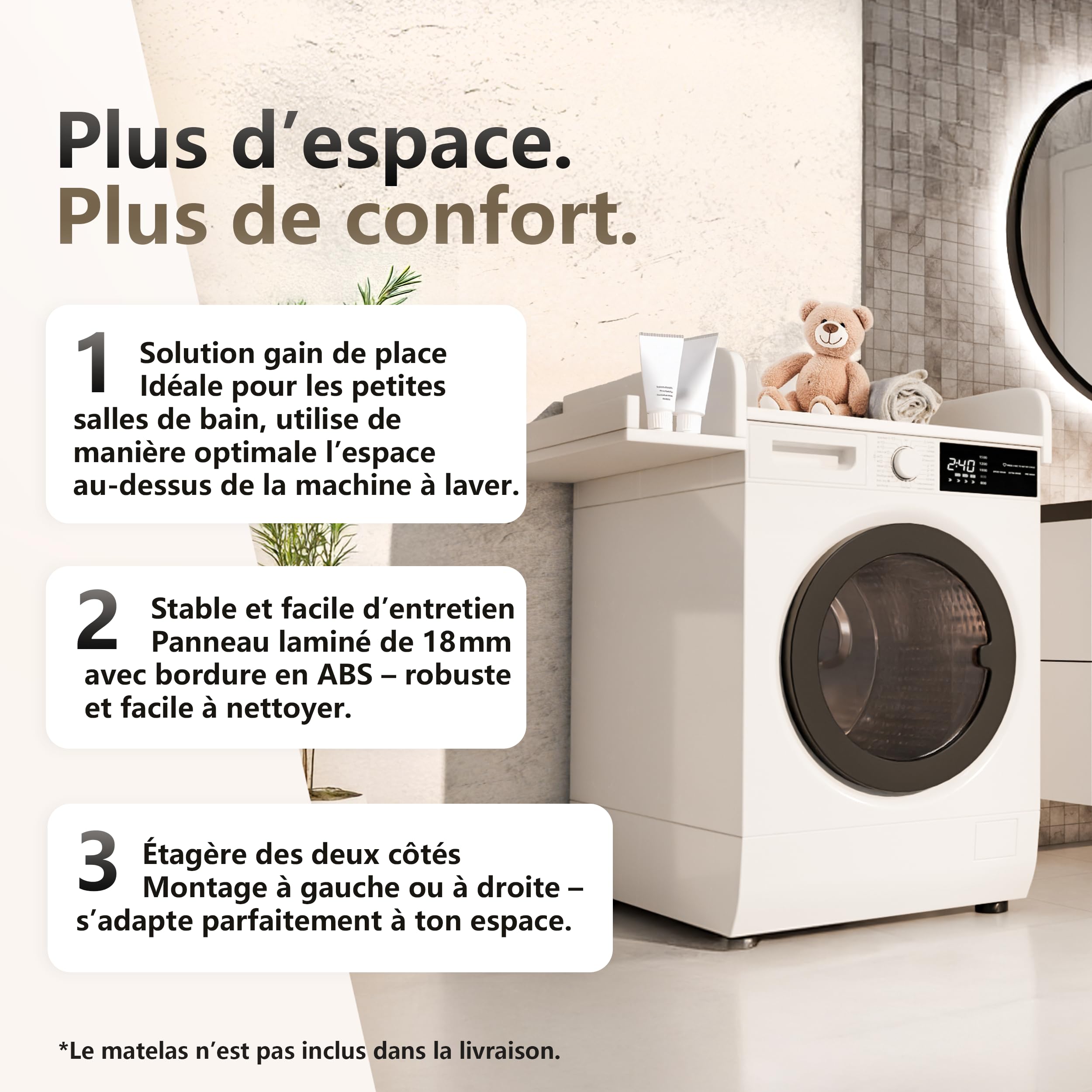 Plan à langer pour machine à laver - Matelas à langer 60x70 cm - Panneau de bois laminé - Évoquer le chêne - 82x72x10 cm - Plan à langer sûr & peu encombrant