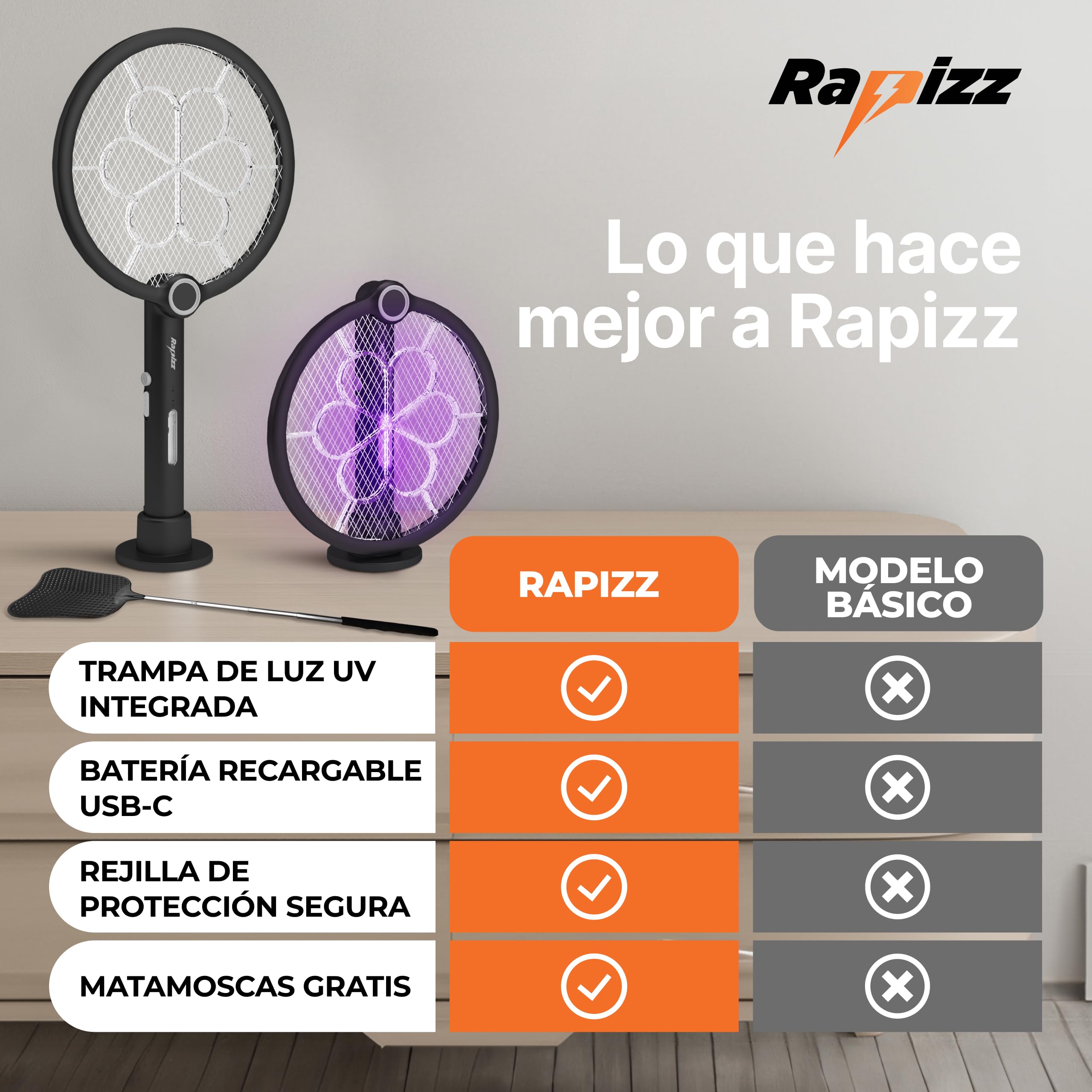 RAPIZZ Raqueta Matamoscas Electrica Recargable - Función 3 en 1 & Incl. Matamoscas I Electric Mosquito Killer Mata Moscas Electrico para Mosquitos Raqueta Antimosquitos Fly Killer Eléctrica