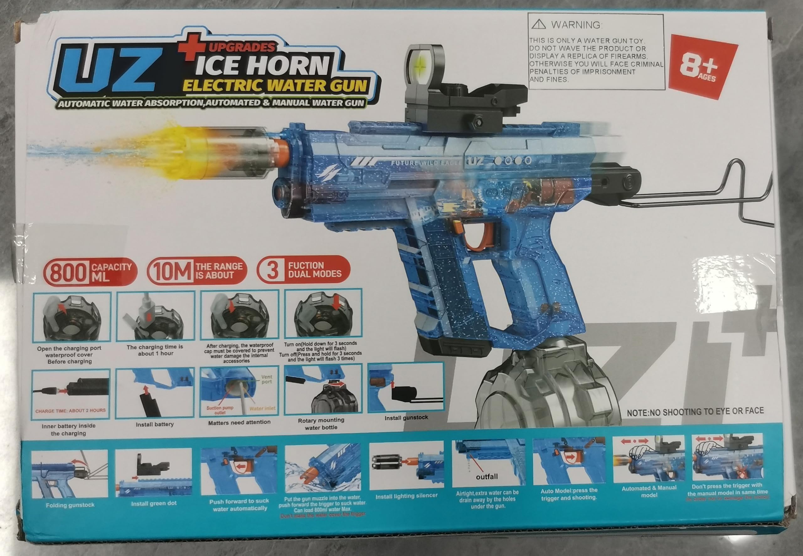 Nicojoy Electric Water Gun Fire Flash Upgraded, 320 Capacity Water Pistol Toy Squirt Gun for Kids Adults, Summer Outdoor Toy Yard Beach Swimming Water Play Toys (Black)