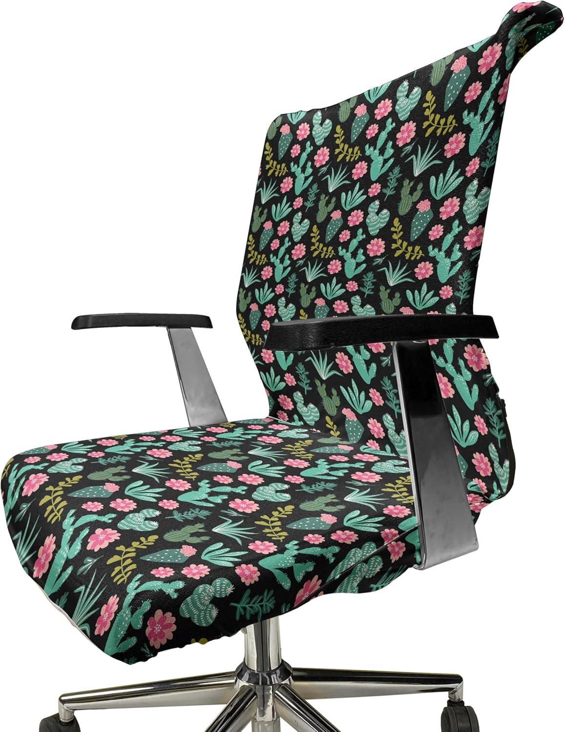 Ambesonne Cactus Office Chair Cover, Botanical Green Desert Home Garden Cartoon Succulent Plant Tropic Flowers, Stretchable Decorative Universal Size High Back Printed Slipcover, Seafoam Pastel Pink