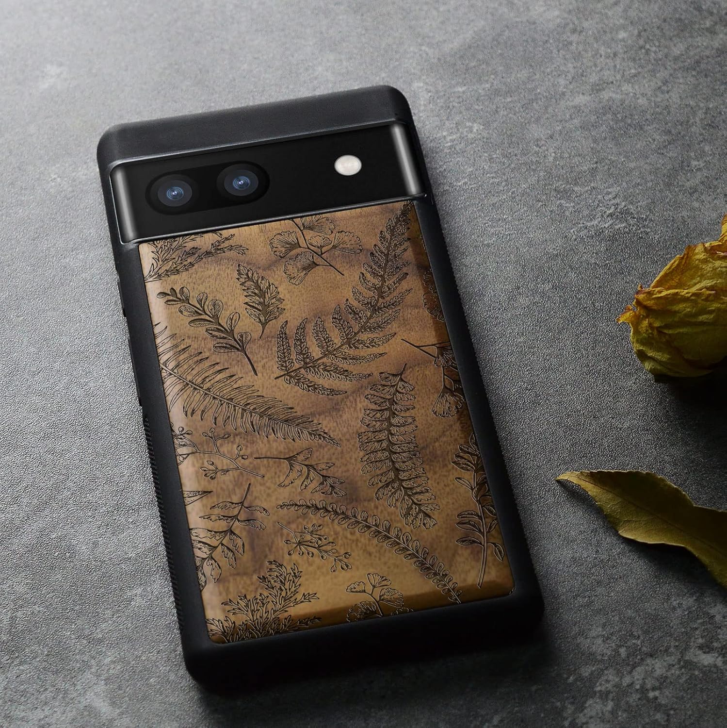 Carveit Wood Case for Pixel 6a Case [Natural Wood & Black Soft TPU] Shockproof Protective Unique Wooden Cover Compatible with Google Pixel 6a (Fern Leaves & Herbs-Walnut)