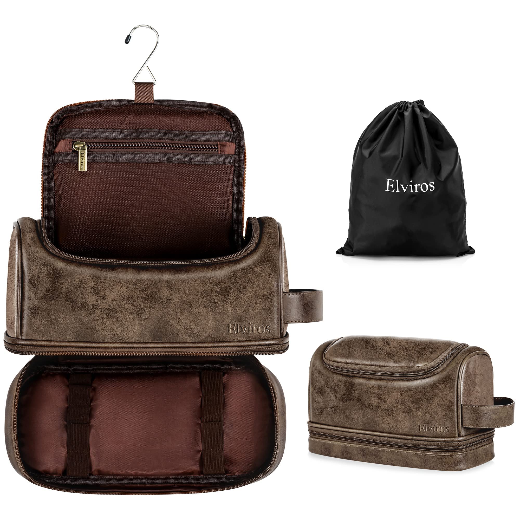 Elviros Beauty case da uomo in pelle PU, organizer da viaggio con gancio per appenderlo, grande borsa da toeletta resistente all'acqua (caffè)