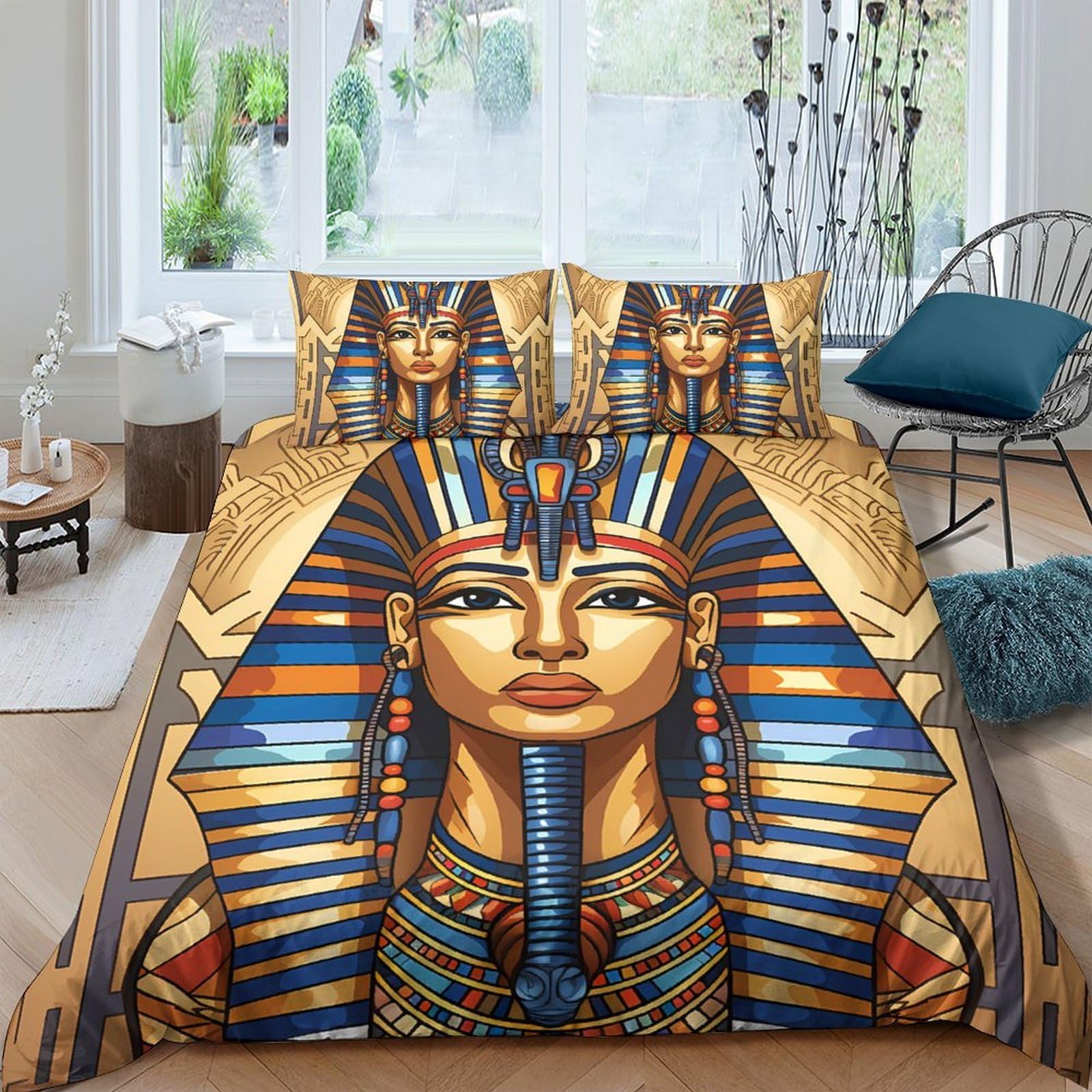 Ctjqhvkz Style-4 3D Printed Egyptian Pharaoh Fitted Sheet Microfiber Soft Blue Gold Ancient Queen Mattress Cover For Bedroom Dorm Home Decor Single（135X200cm）