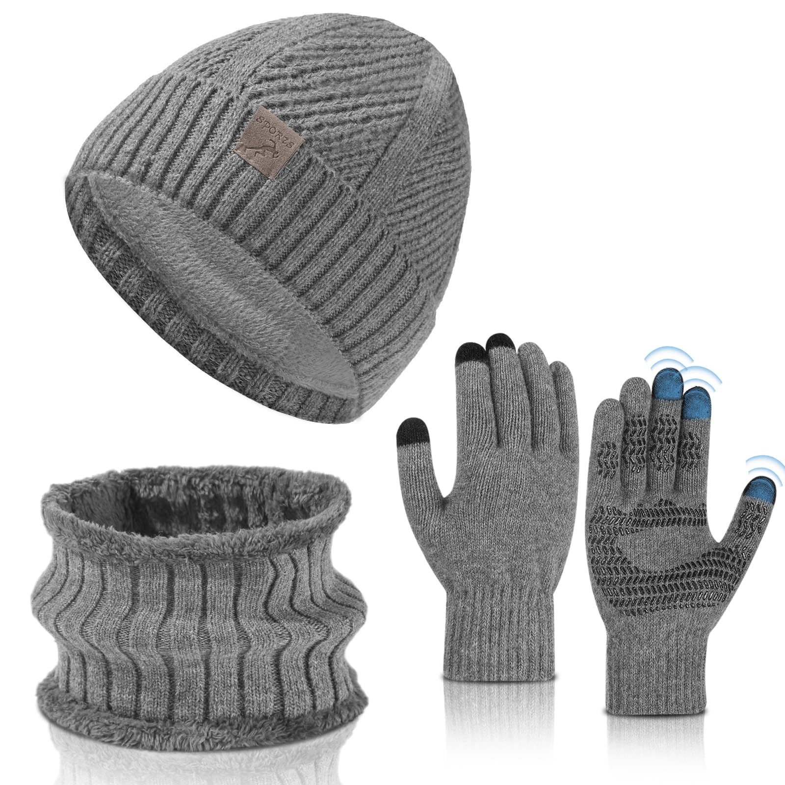 TAGVO Gorro y Bufanda Guantes Set Invierno Hombre Mujer, 3 en 1 Set de Punto Sombreros Beanie de Cálidos Bufanda Cuello y Guantes Pantalla Táctiles para Esquí Excursionismo Ciclismo Regalos
