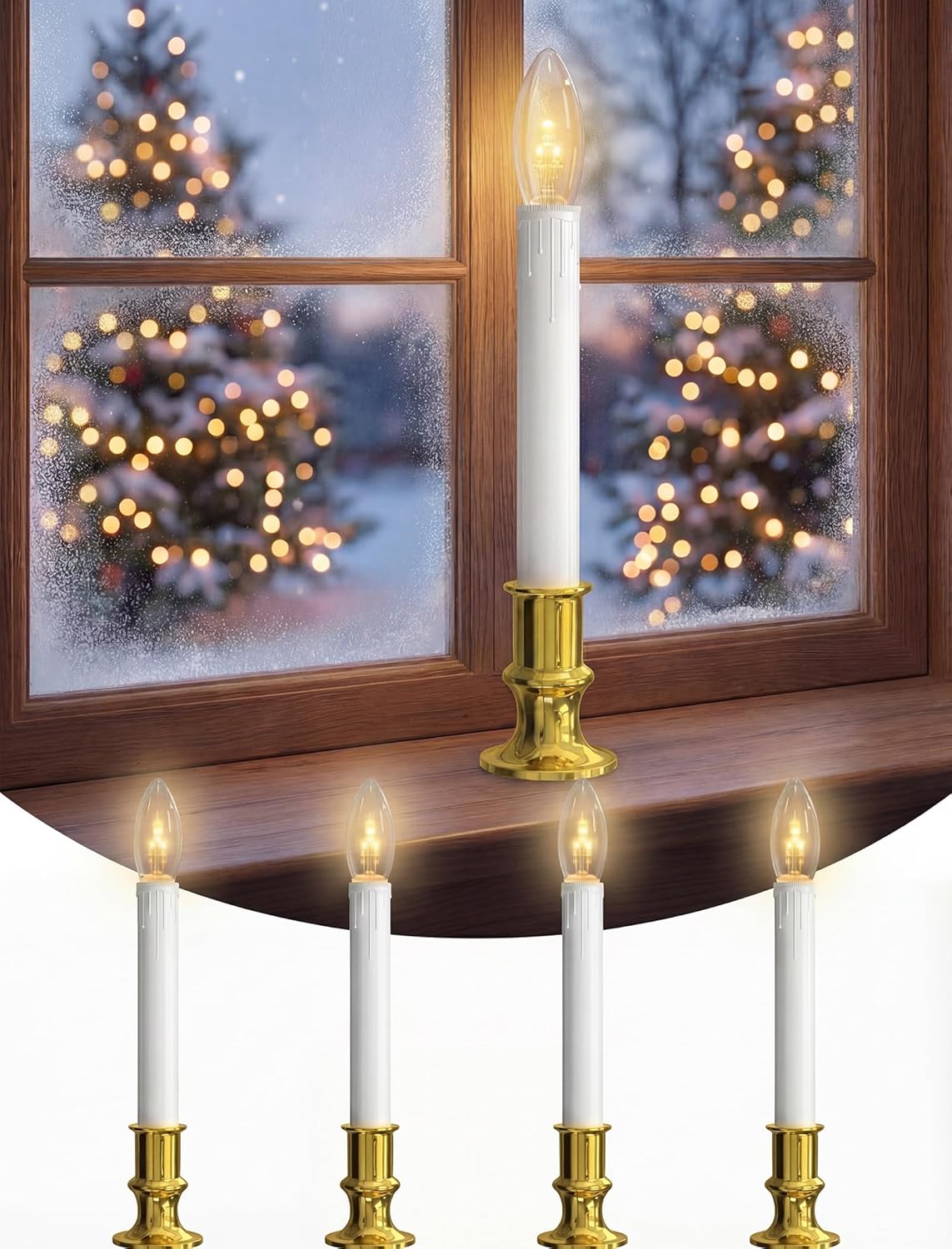 Oviejo 4 Pack Christmas Electric Candles, Dusk to Dawn Candle Lamps with Gold Base, Christmas Window Candles with On/Off for Home Table Weddings Holiday Decor