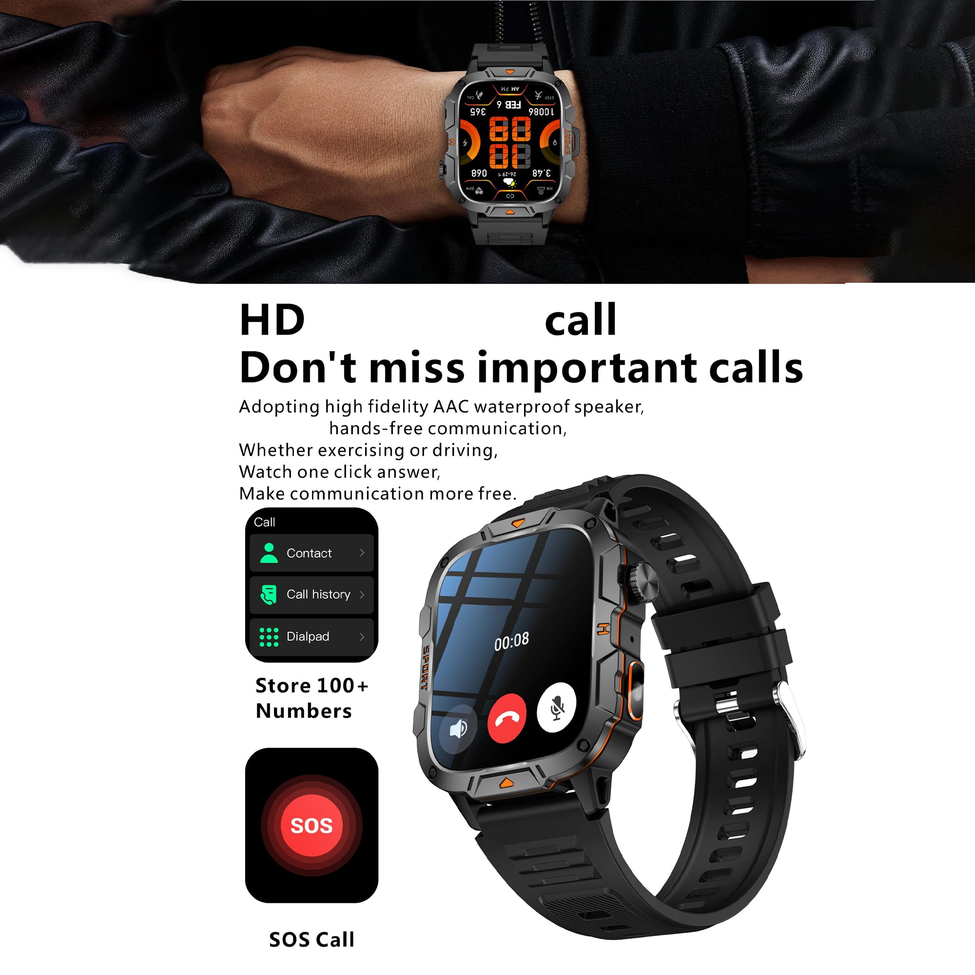 1,96" AMOLED Smartwatch Herren mit Telefonfunktion, Taschenlampe, Sportuhr mit Bluetooth Anrufe mit Schrittzähler, 5ATM Wasserdicht Smart Watch für iOS Android(2 Armbänder) (Orange)