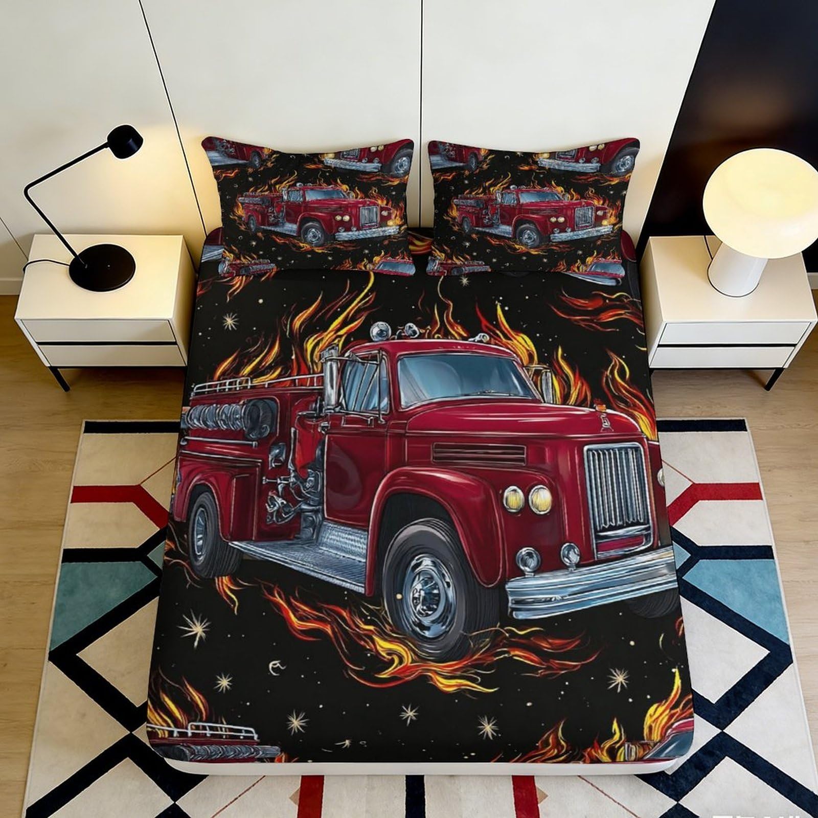3D Printed Fire Truck Fitted Sheet Microfiber Soft Breathable Flame Design Bed Cover for Bedroom Dormitory Guest Room Mattress Protection Decor 120x200x25cm