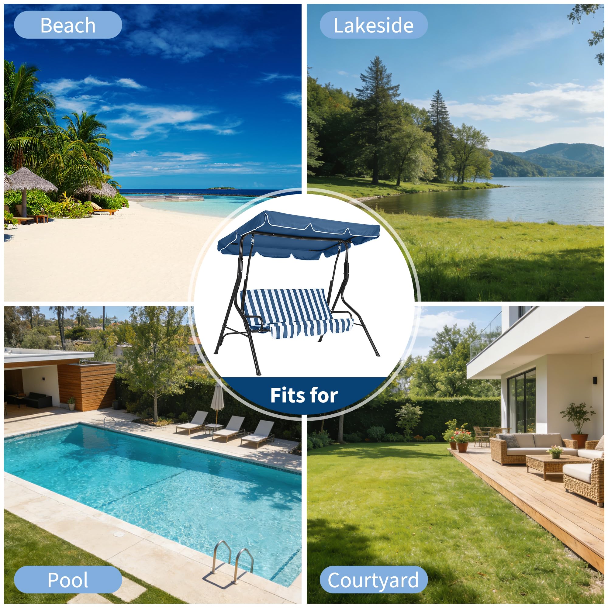 Balancelle de Jardin 3 Places avec auvent Inclinable,Balançoire de jardin 3 Personnes Extérieur avec Coussins et Dossier épais rembourrés,Cadre acier,pour Jardin,Terrasse,Piscine(Bleu)