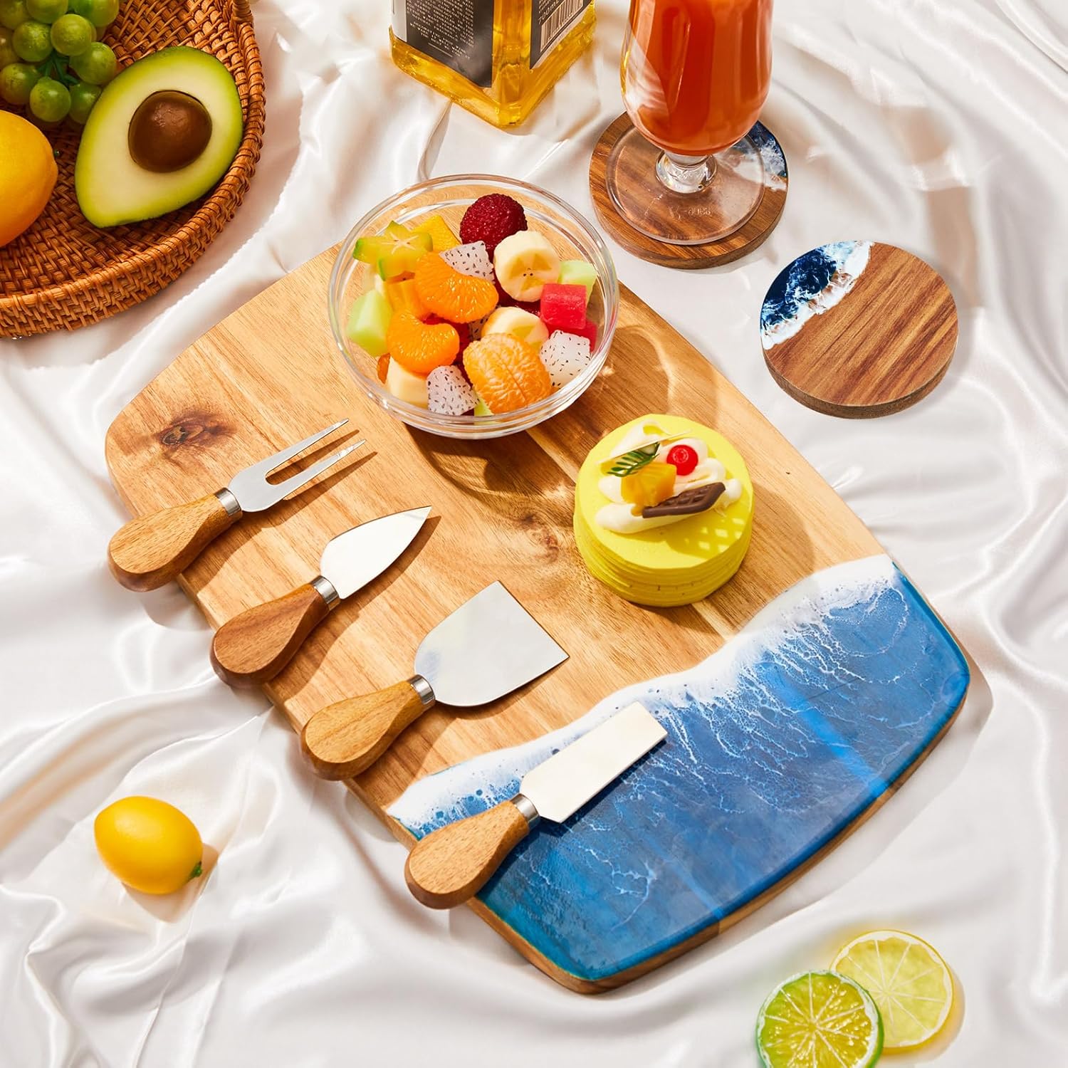 Patelai 9 Pcs Ocean Resin Cutting Board Set with 4 Cheese Knives and 4 Coasters for Wedding Housewarming Gifts, Blue White Wave Pattern Charcuterie Board Kitchen Meal Prep Serving Versatile Cheese