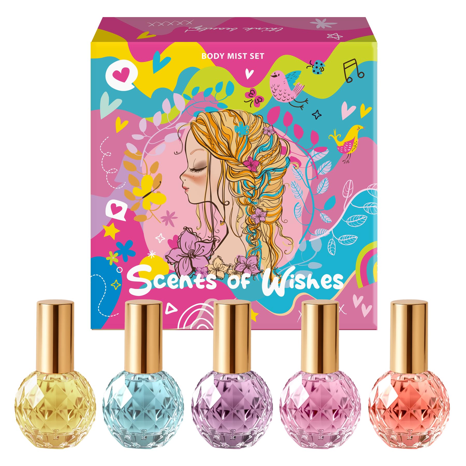 Set di Body Mist per Ragazze "Scents of Wishes" – 5 Flaconi in Vetro a Forma di Diamante con Finitura Dorata; 5 Profumi Esclusivi: Bacche, Frutti, Agrumi, Atmosfera Tropicale, Floreale