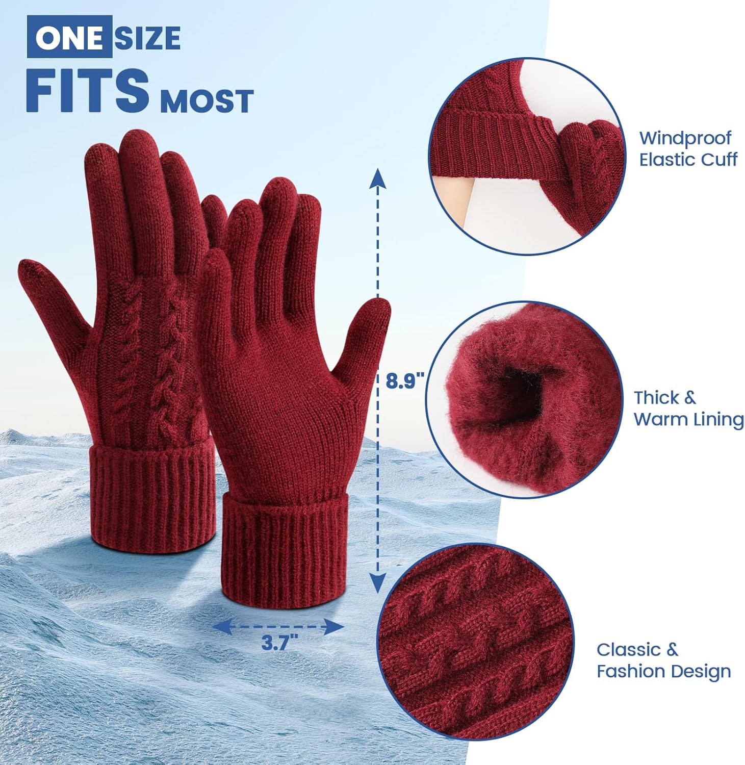 Trifabricy Womens Winter Gloves, Warm Thick Lined Touchscreen Gloves, Elastic Cuff Knit Gloves for Women Men Cold Weather - Image 3