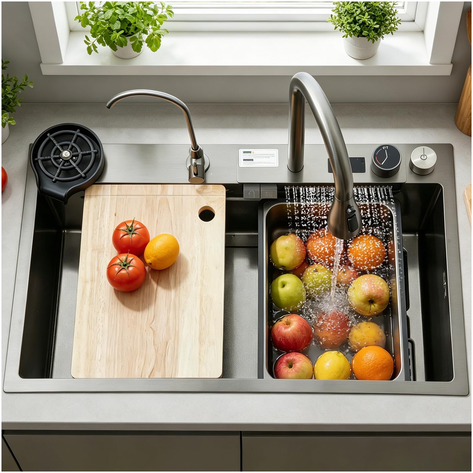 75 x 50 cm Waterfall Kitchen Sink, Black Grey Stainless Steel Workstation Sink with Digital Display, Pull-Out Mixer Tap, Chopping Board, Drain Basket & Waste Kit, Modern Complete Sink Set