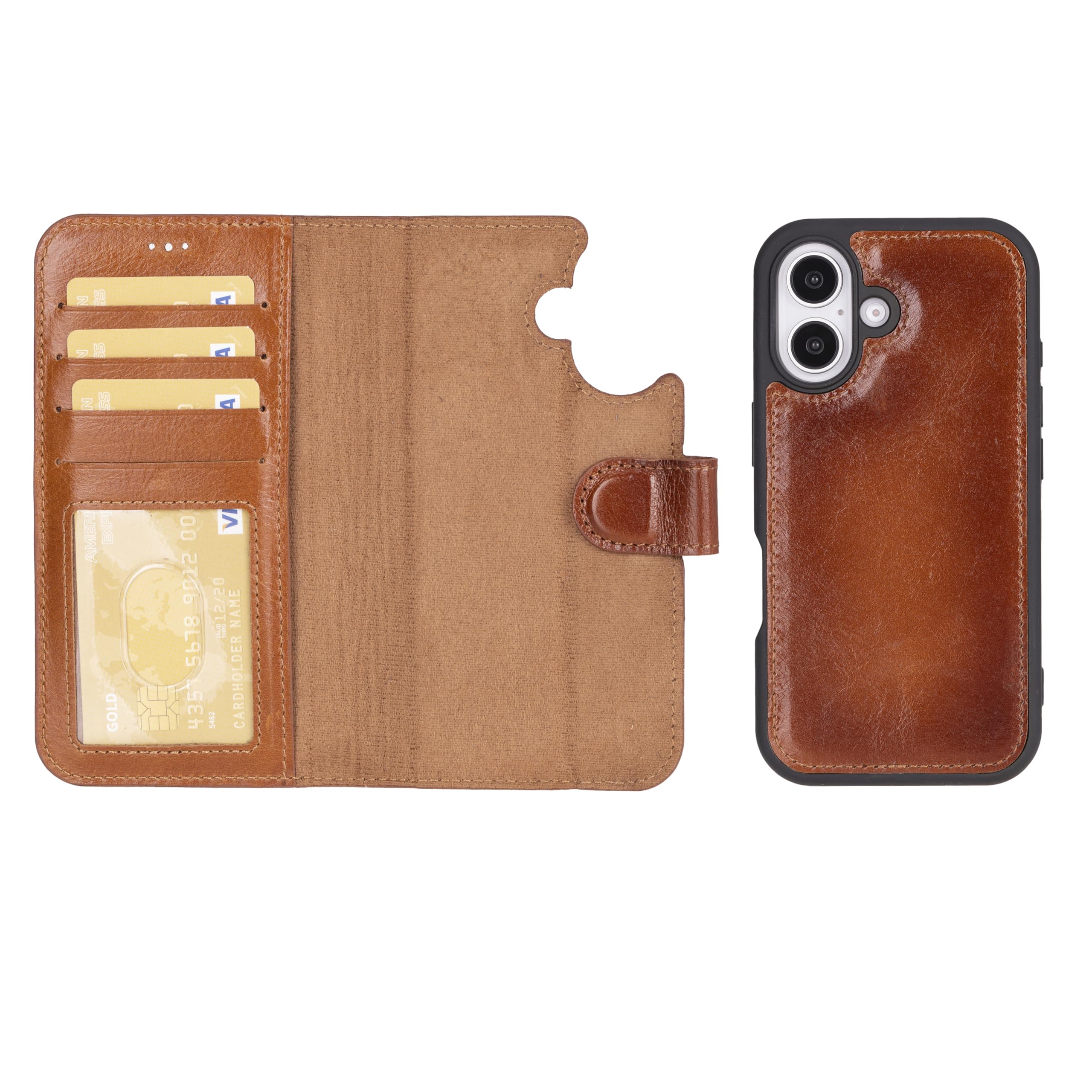 Funda tipo cartera de piel auténtica compatible con iPhone 16 (6.1 pulgadas), bloqueo RFID, tarjetero, soporta carga compatible con MagSafe, cierre magnético (bronceado rústico)