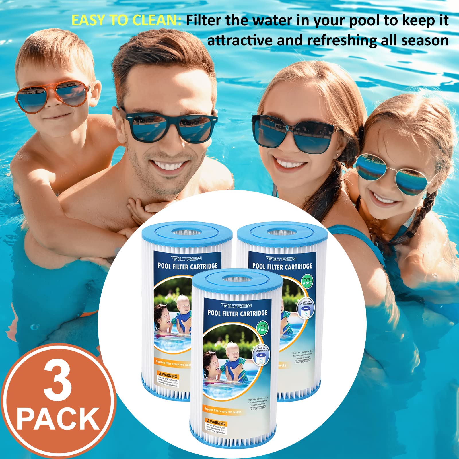 Cartuccia filtro per piscina tipo A o C (confezione da 3)