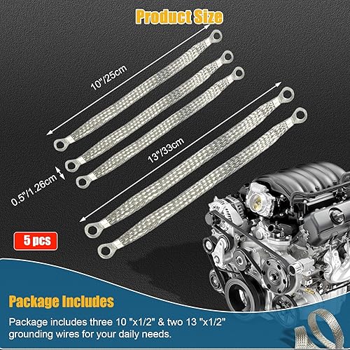 Miniatura 2 de Bestmoy Car Ground Strap, Copper Braided Cable, Engine Copper Ground Strap, 3pcs 10" x 12" & 2pcs 13" x 12", Universal for Most Cars, Trucks