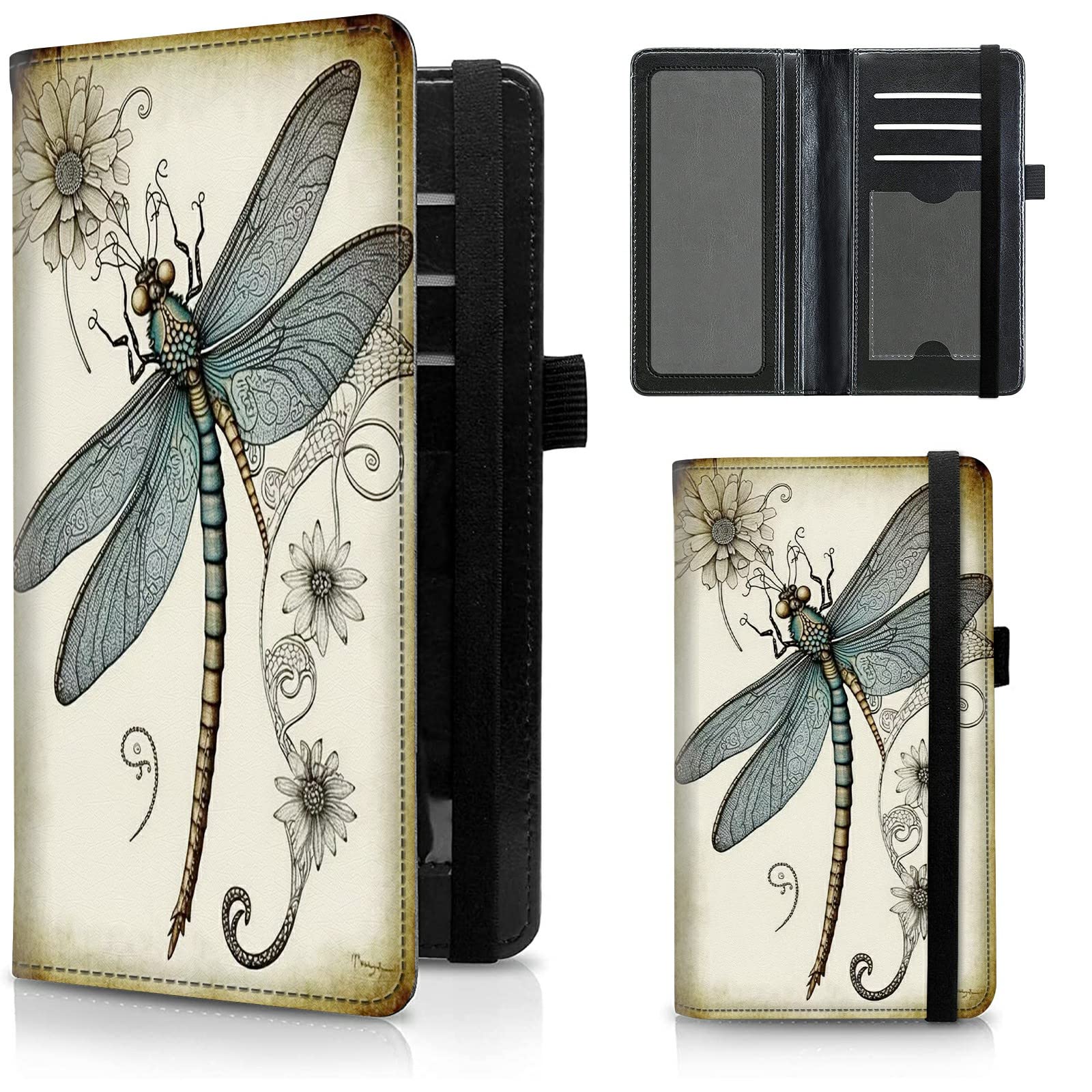 FUYOCWE Leather Checkbook Covers for Men Women Check book Holder Cover Wallets for Personal Checkbook Duplicate Checks with RFID Blocking &amp; Elastic Strap-Dragonfly Drawing