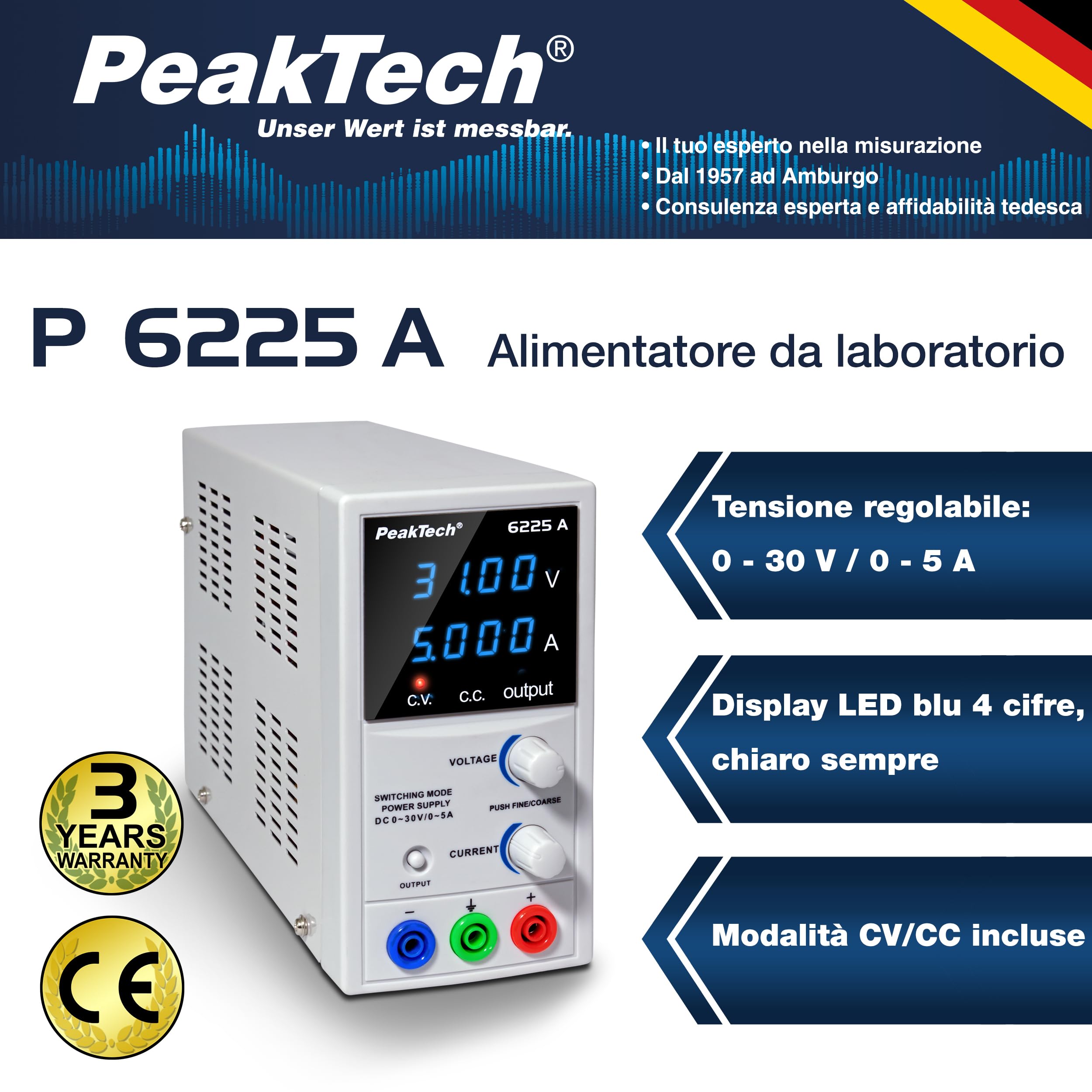 Peaktech 6225 a 1 - Alimentatore da Laboratorio Dc 0-30V/0-5A, Display a LED a 4 Cifre Regolabile, Alimentatore a Commutazione Stabilizzata, Protezione da Sovraccarico e Cortocircuito