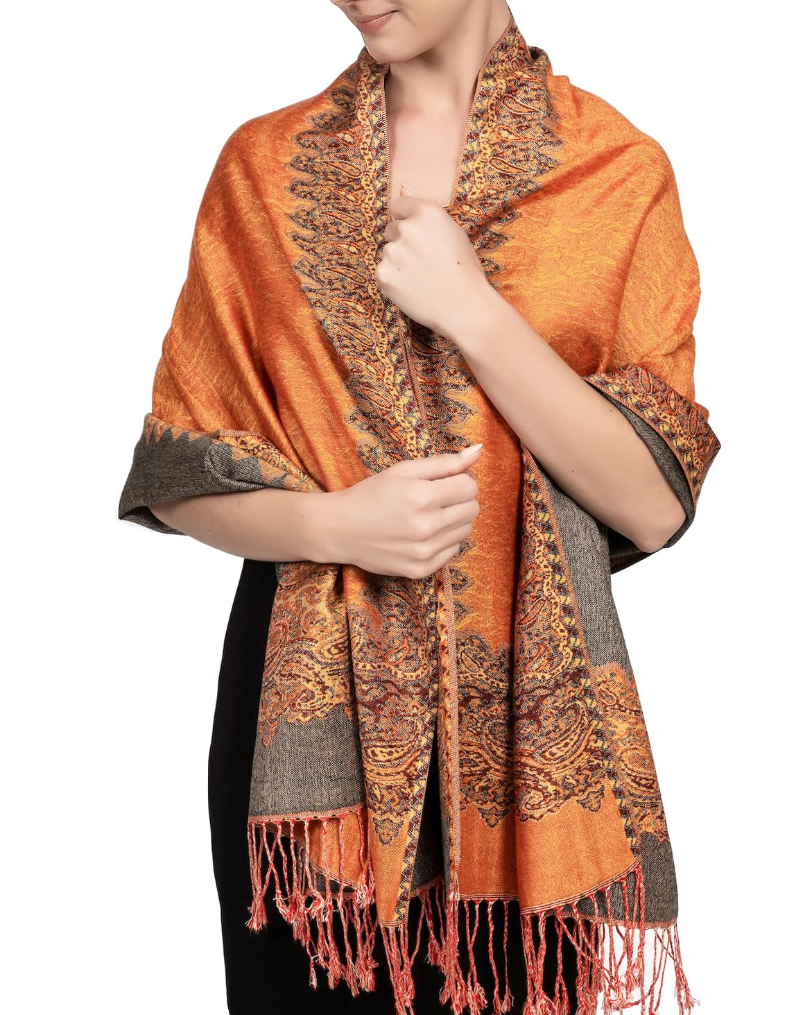 Achillea Elegant Reversible Paisley Border Pashmina Shawl Wrap Scarf