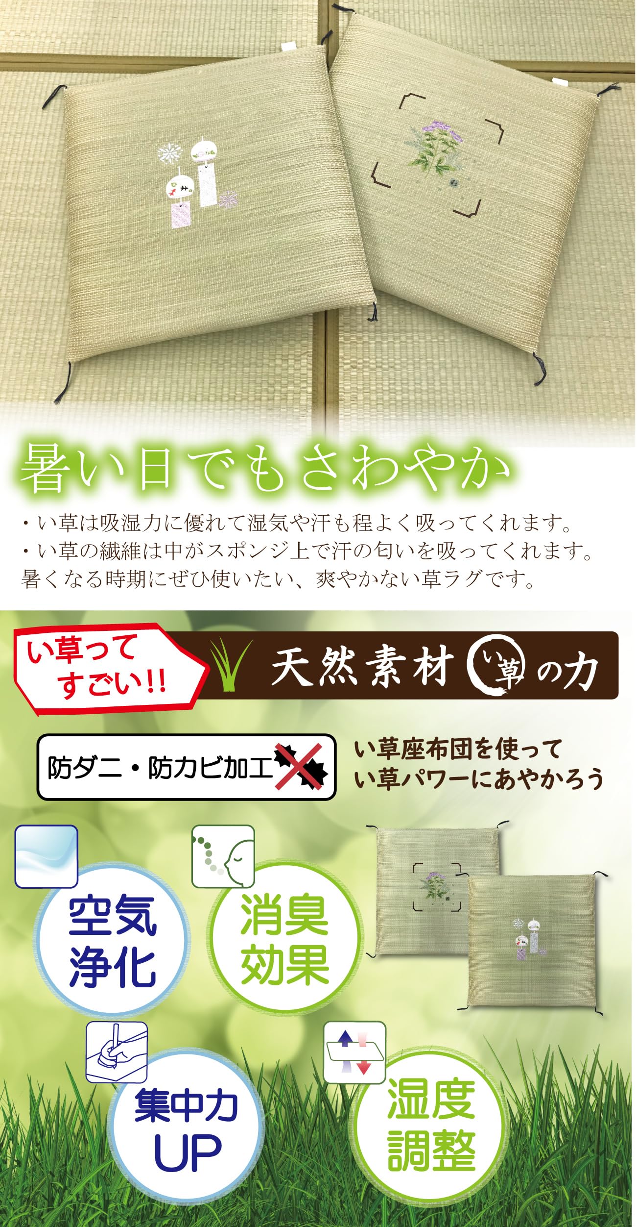Amazon.co.jp: 座布団 い草 刺繍 ふさ付き 座敷 夏 55×55 ZA3149H