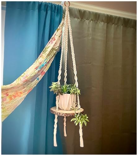 Macrame Hanging Plant Shelf Woven Boho Home Décor, Geometric Beautiful Wall Art for Apartment, Indoor Ceiling Plant Hanger 12" Diameter Finished