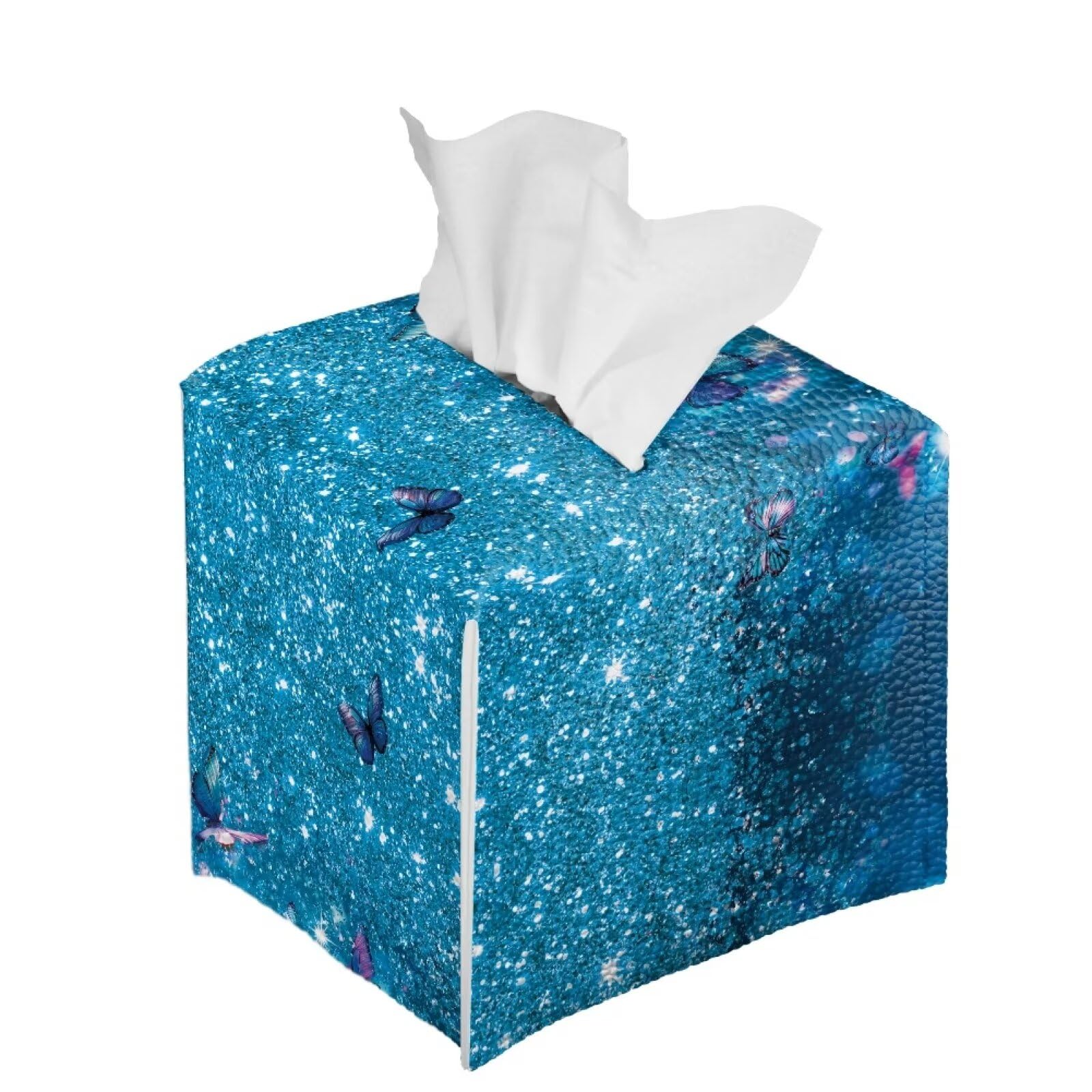 Poceacles Blue Butterfly Glitter Print Tissue Box Cover Square PU Leather Facial Tissue Box Holder for Dresser Bathroom Decor - Image 2