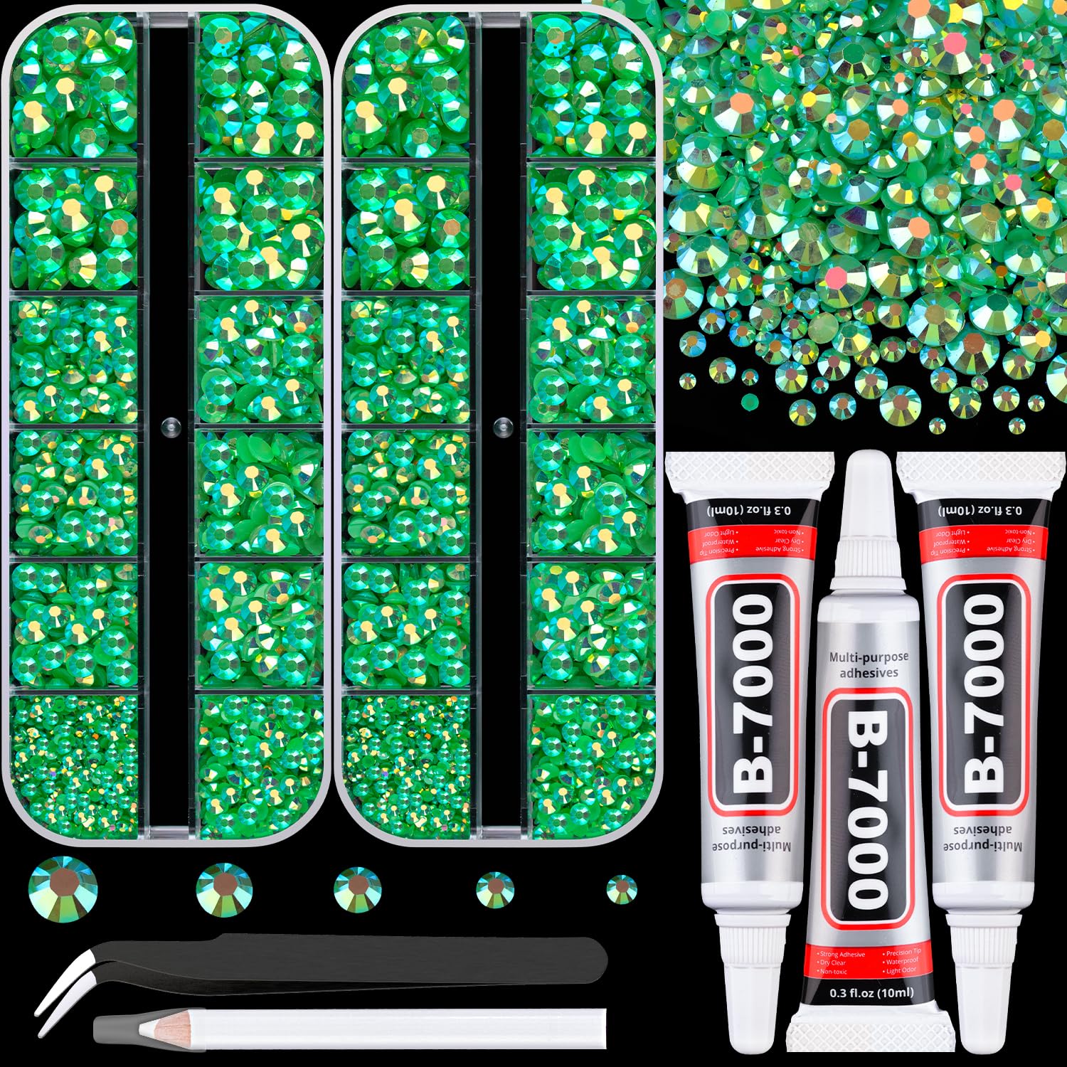 TINKRSTUFF Resin Rhinestones, Dark Green AB Flatback Gems with 3Pcs B7000 Glue | Art Craft Kit - main product image