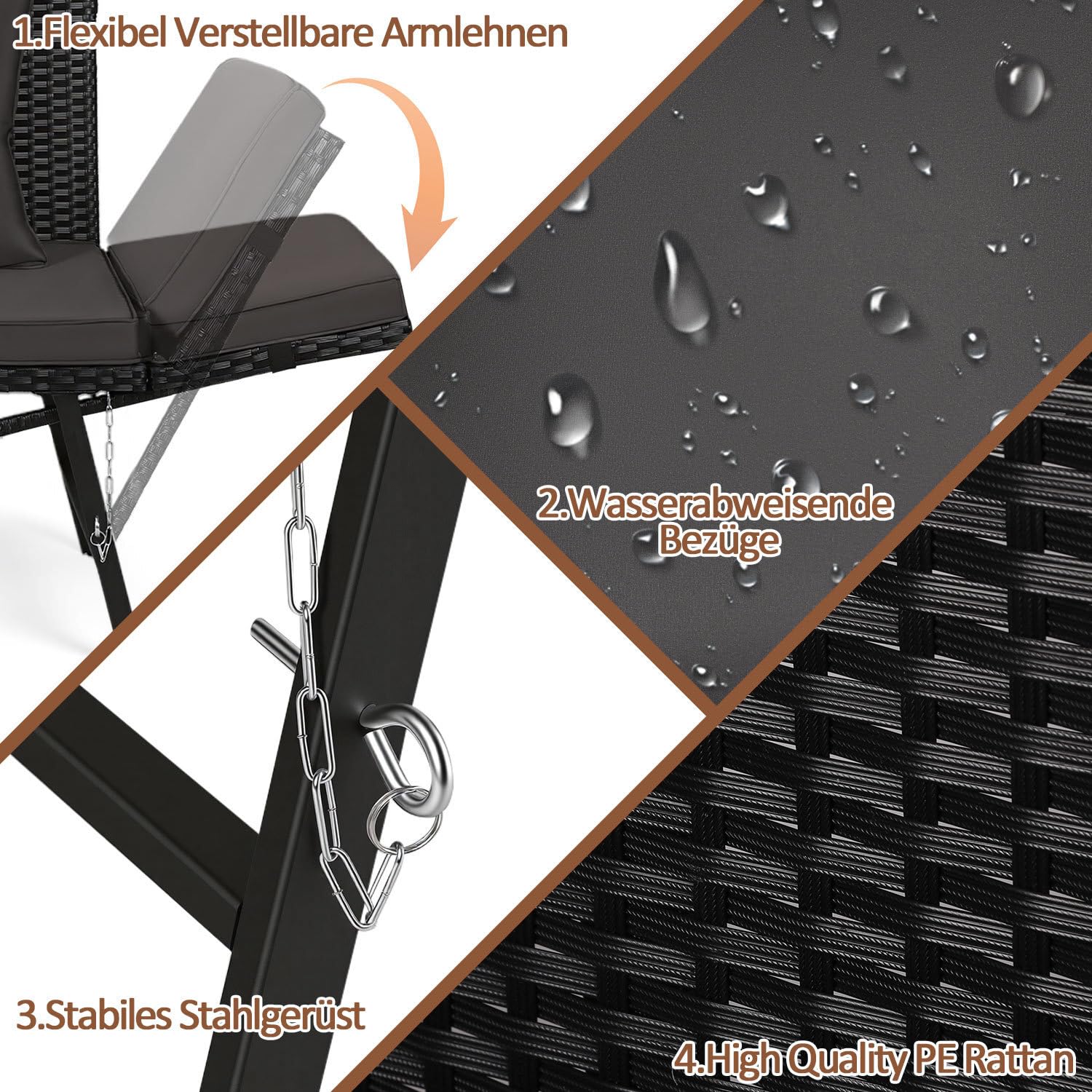 Panchina da giardino in polyrattan 3 in 1 con funzione sdraio, divano da balcone a 2 posti, pieghevole, braccioli pieghevoli, rivestimenti rimovibili, mobili da salotto per giardino, balcone