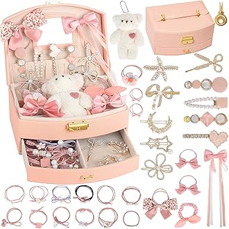 ONECOCOA Hair Accessories for Girls，Teen Girl Gifts Including Jewelry Box/Hair Clips/Hair Barrettes/Hair Ties/Hair Bows，birthday gift for girls age 6 7 8-14（Cute Bear）