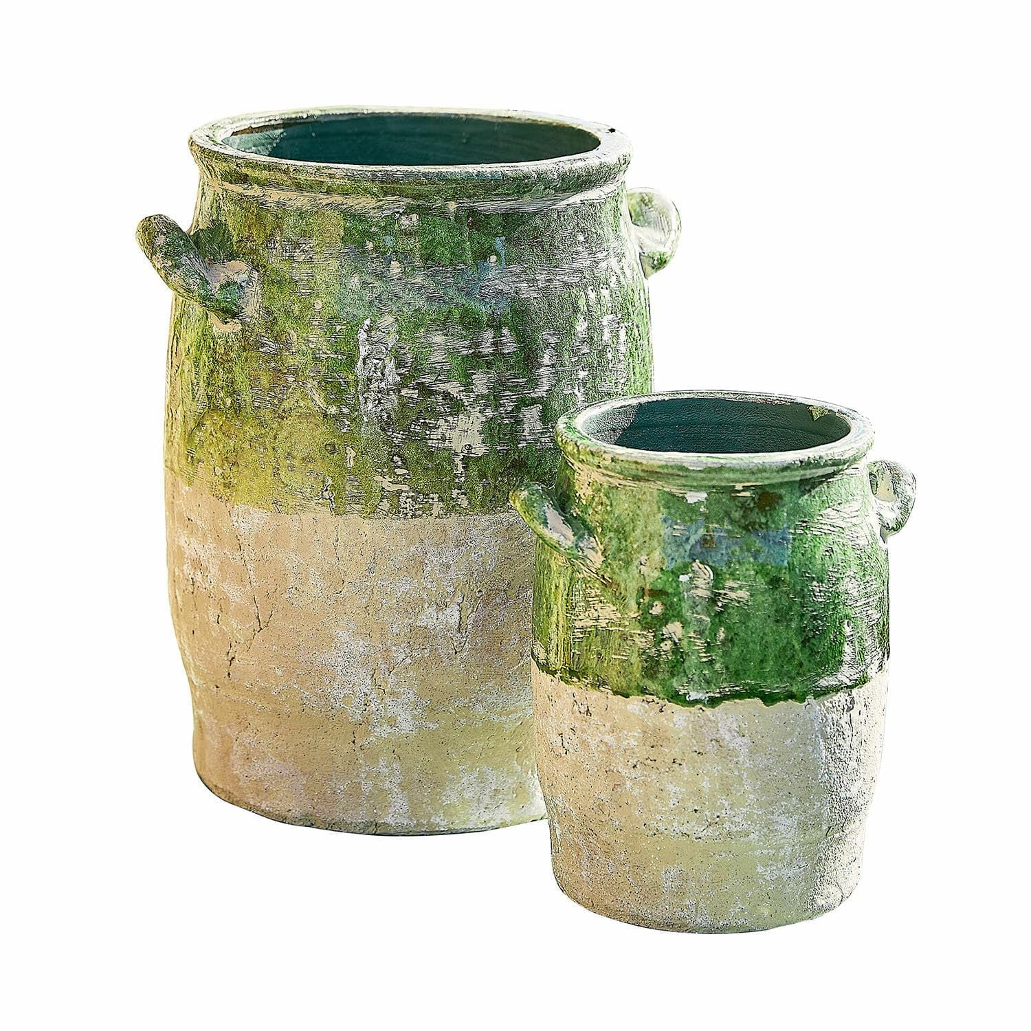 Loberon Reefton Lot de 2 vases - en Terre Cuite - Partiellement émaillé à la Main, Vert Vieilli
