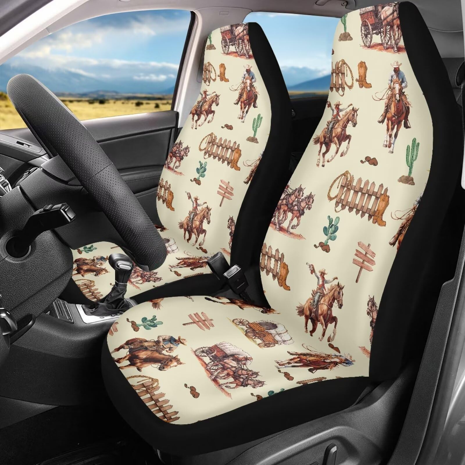 Salabomia Western Cowboy Car Seat Cover for Women Men, Durable Seat Cover for Cars Universal Fit 2 Piece Stretchy Breathable Bucket Vehicles Seat Cover Front Seats for SUV Cars, Yellow and Brown