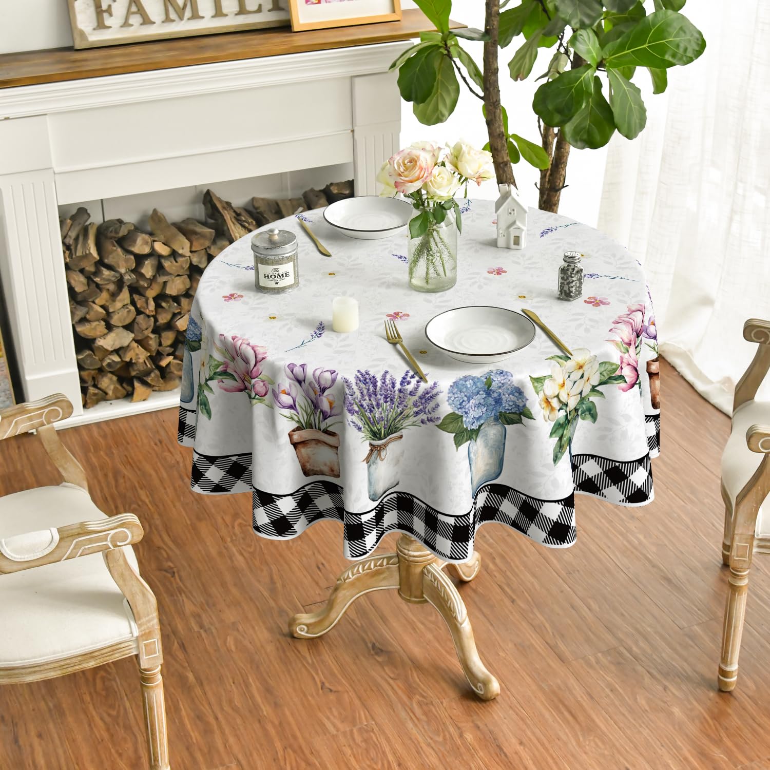 Horaldaily Spring Summer Tablecloth 70x70 Inch Round, Easter Watercolor Tulip Lavender Hydrangea Vase Blooming Floral Table Cover for Party Picnic Dinner Decor