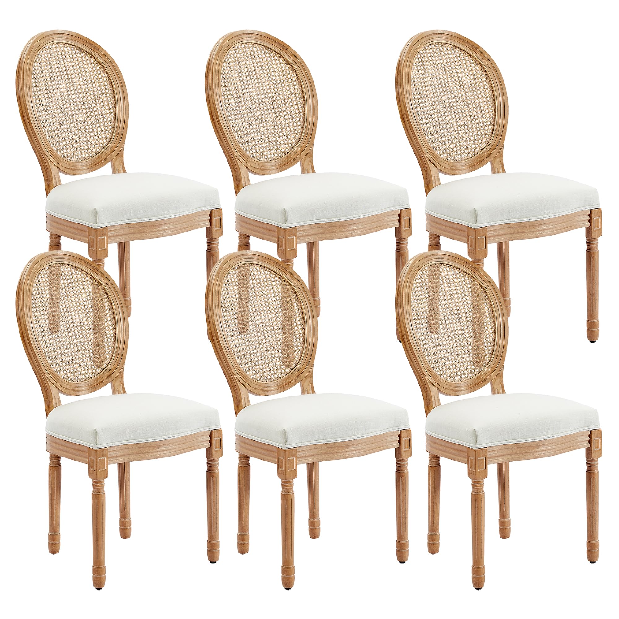 Kiztir Rattan Dining Chairs Set of 6 French Country Dining Chairs with Round Back, Farmhouse Upholstered Dining Accent Chairs, Mid Century Modern,