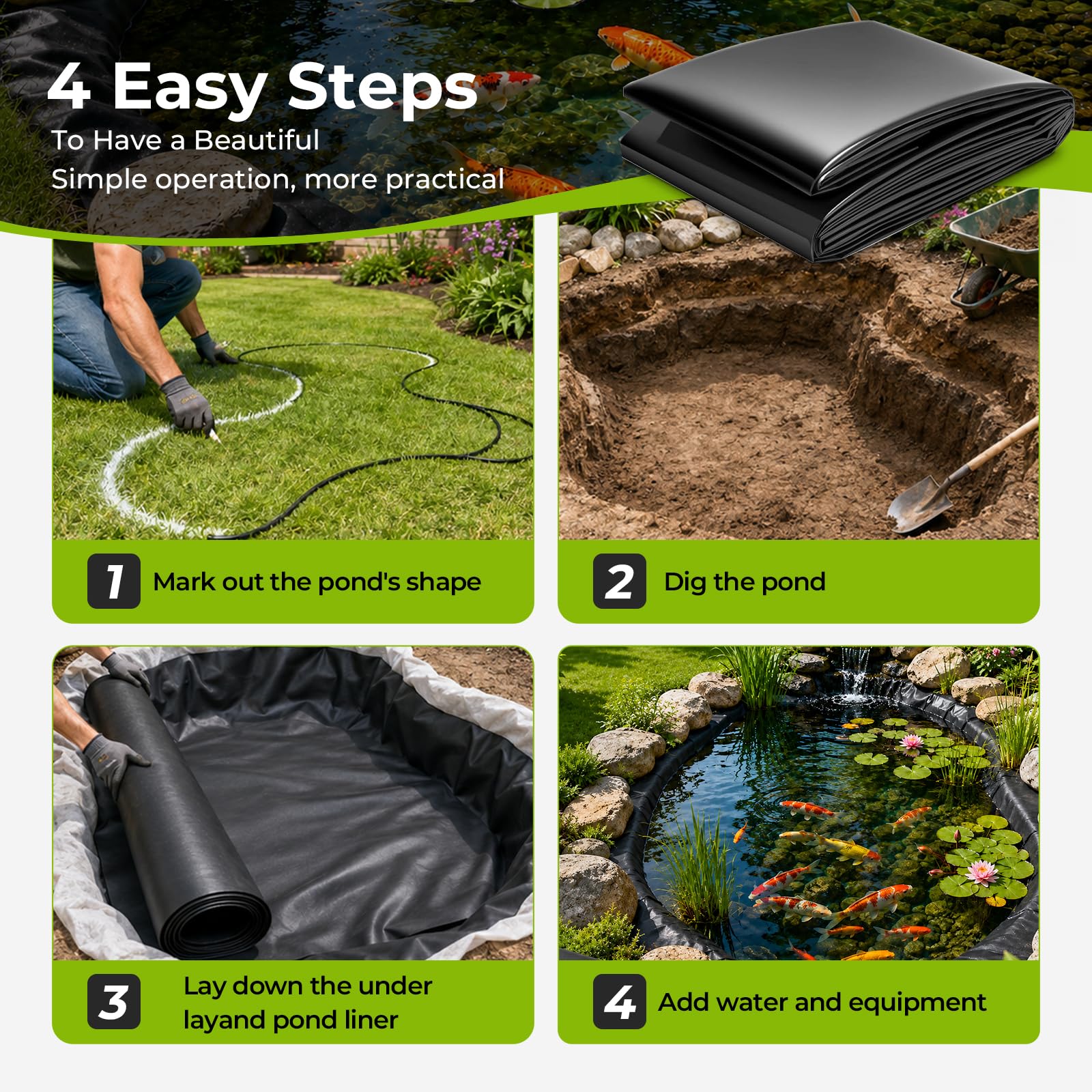4x6m Teichfolie, HDPE Teichfolien 0.2mm Stärke UV-Beständig für Gartenteich | Leicht zu Schneiden Teich Folie, für Fischteiche, Schildkrötenteiche, Springbrunnen, Bewässerungsteiche, Hochbeete
