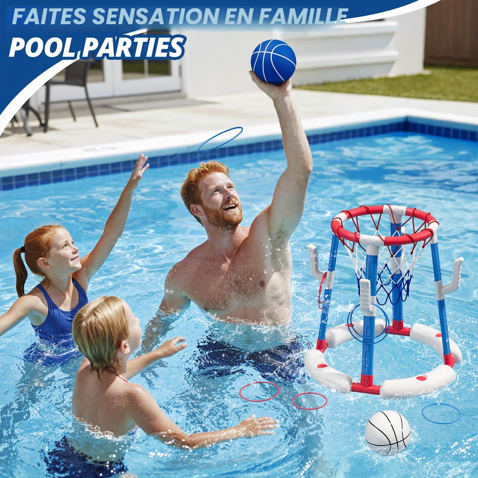 HYES Panier de Basket Flottant pour Piscine, Pool Basketball Hoop, Jouets de Piscine avec 4 Boules 8 Anneaux, Jeu de Basket d'eau en Plein air Intérieur pour Garçons Filles Enfants Adulte, Rouge