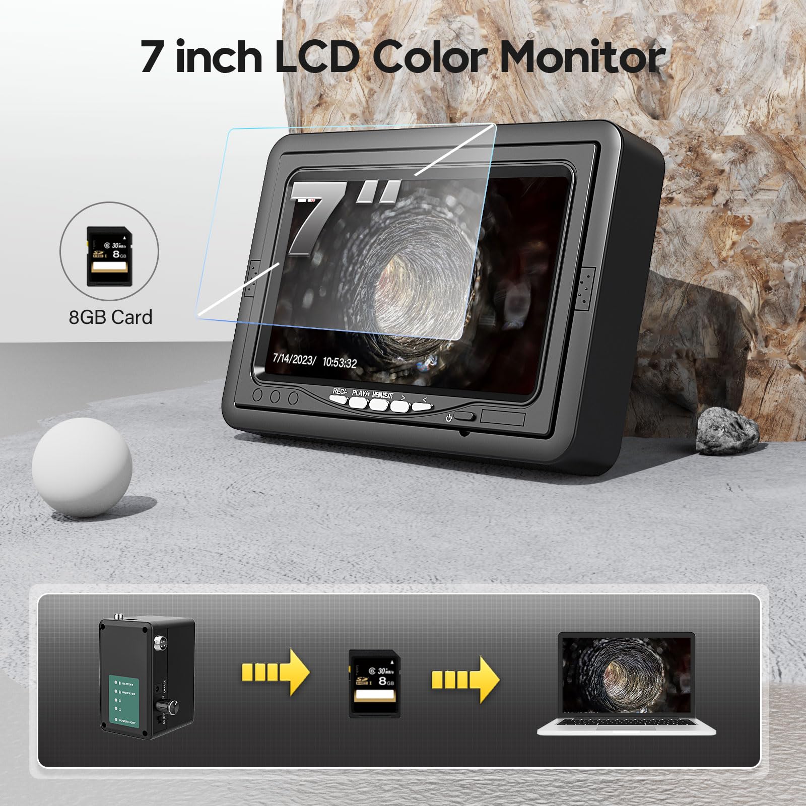 20m Cámara Inspección Tuberías, Camara Endoscópica con Monitor LCD de 7" Camara Inspeccion, endoscopio industrial con Grabadora DVR Cámara Impermeable IP68 (20M)